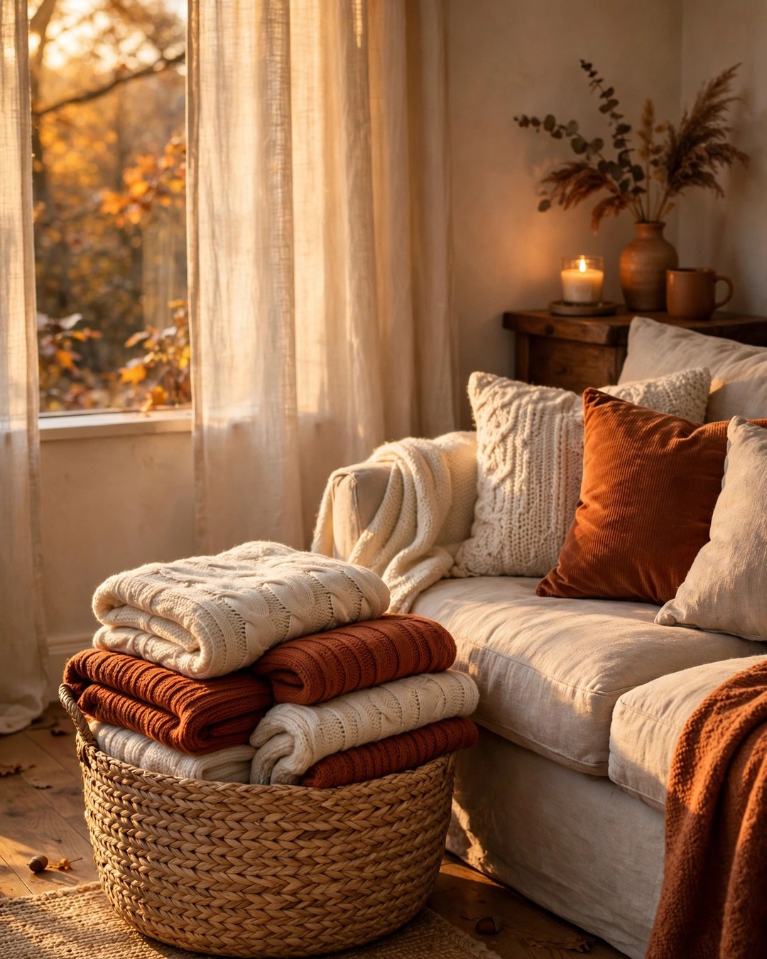 Woven seagrass basket filled with folded knit throws beside a sofa