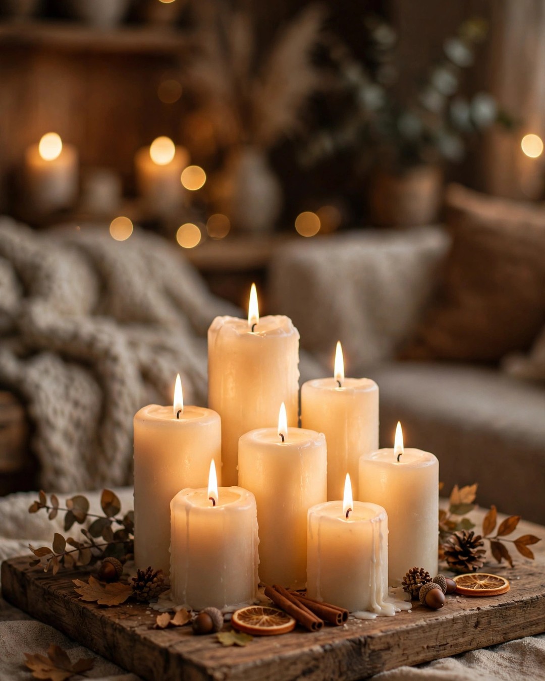 Cluster of lit pillar candles of varying heights on a wooden tray