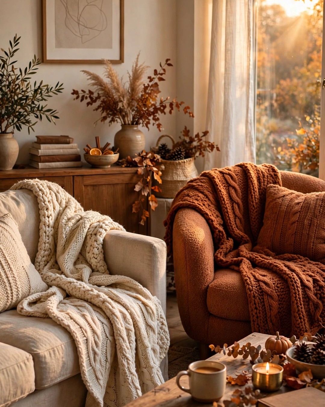 Chunky knit throws in cream and rust draped over a sofa and armchair