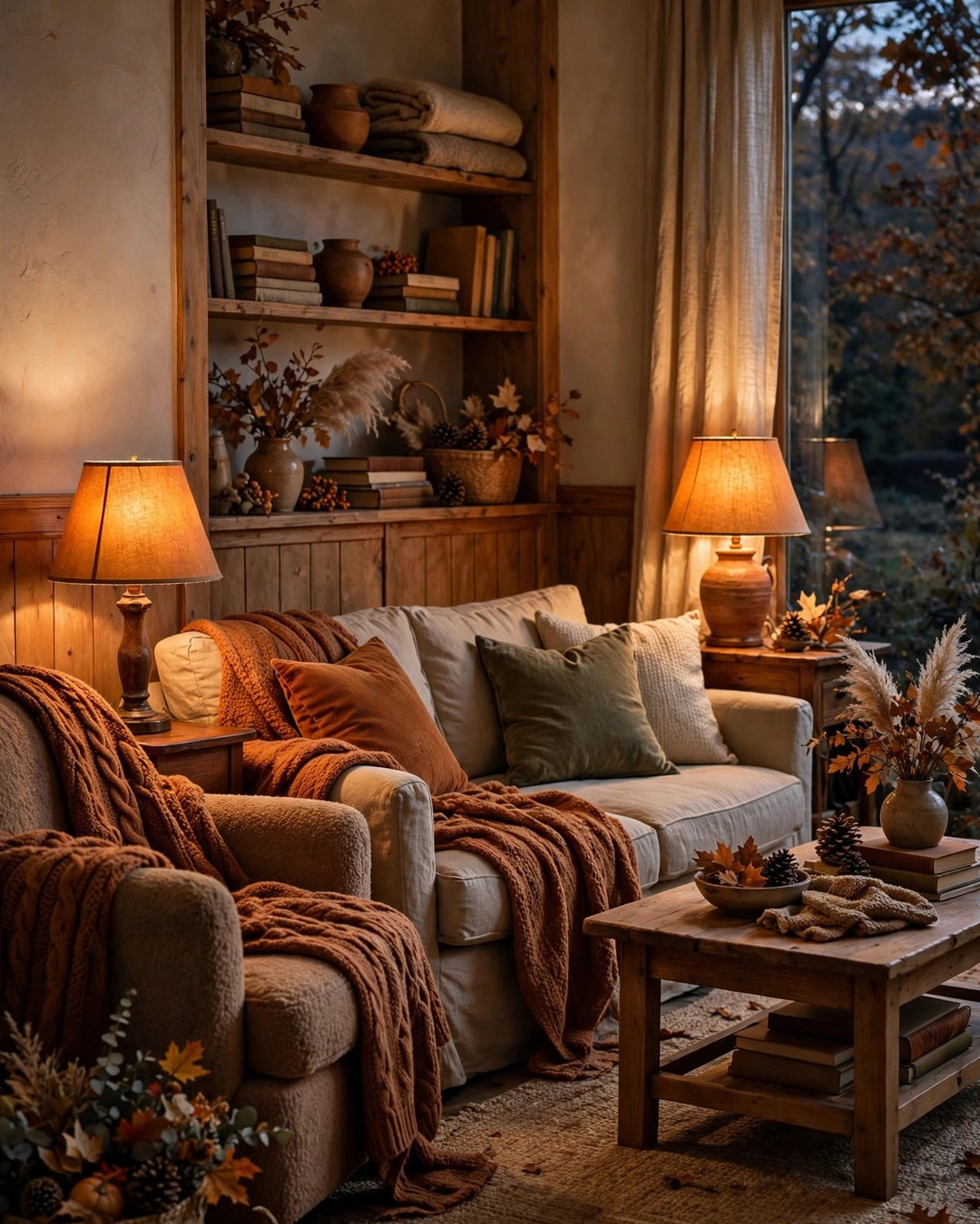 Living room with warm low lighting from table lamps with amber shades