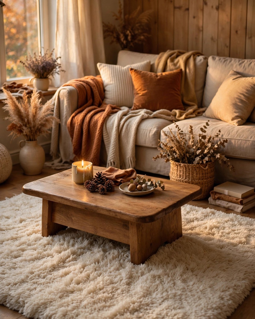 Plush cream area rug under a wooden coffee table in a cozy living room