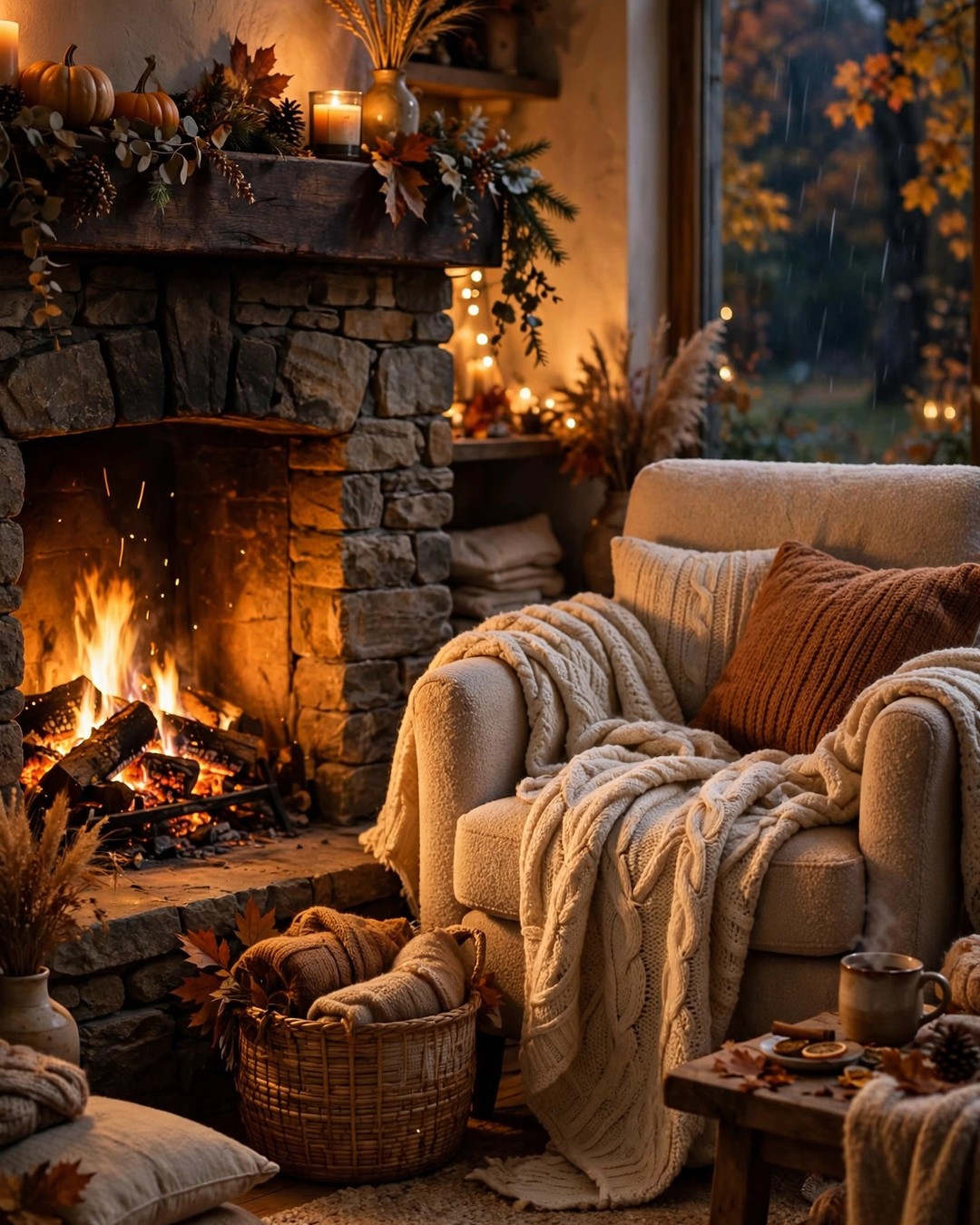 Fireplace with a glowing fire and an armchair with a throw beside it