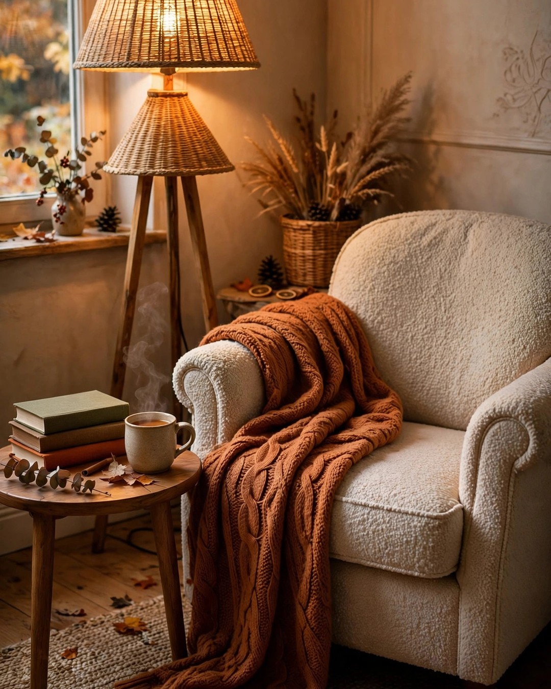Cozy reading corner with armchair, warm floor lamp, books, and tea