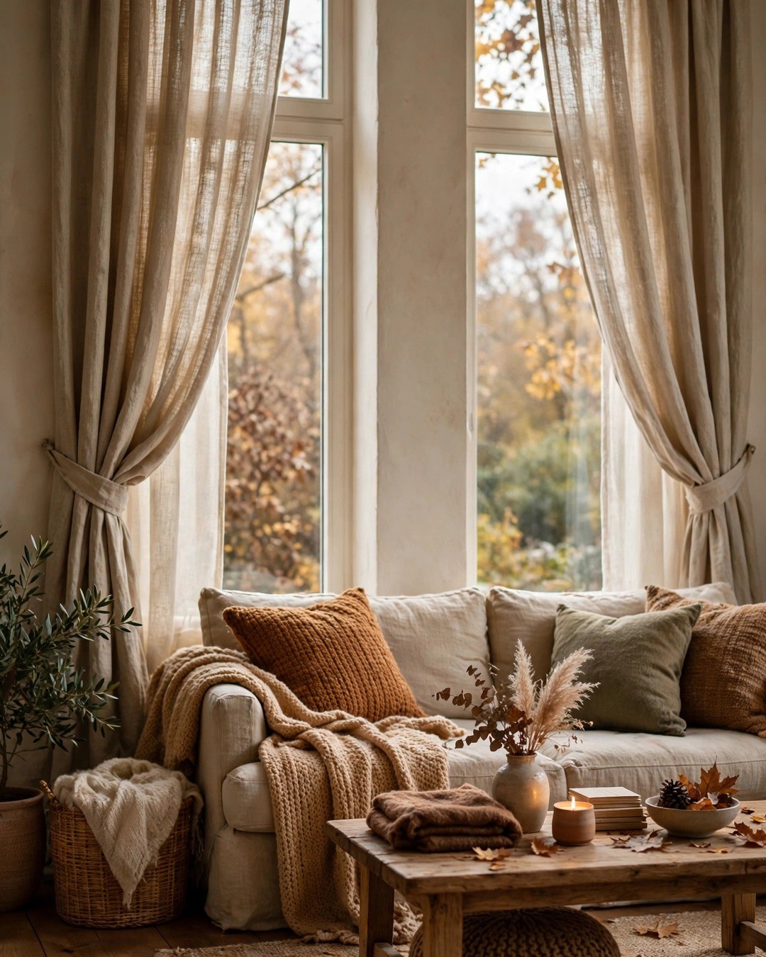 Living room windows with heavy oatmeal linen curtains filtering soft daylight