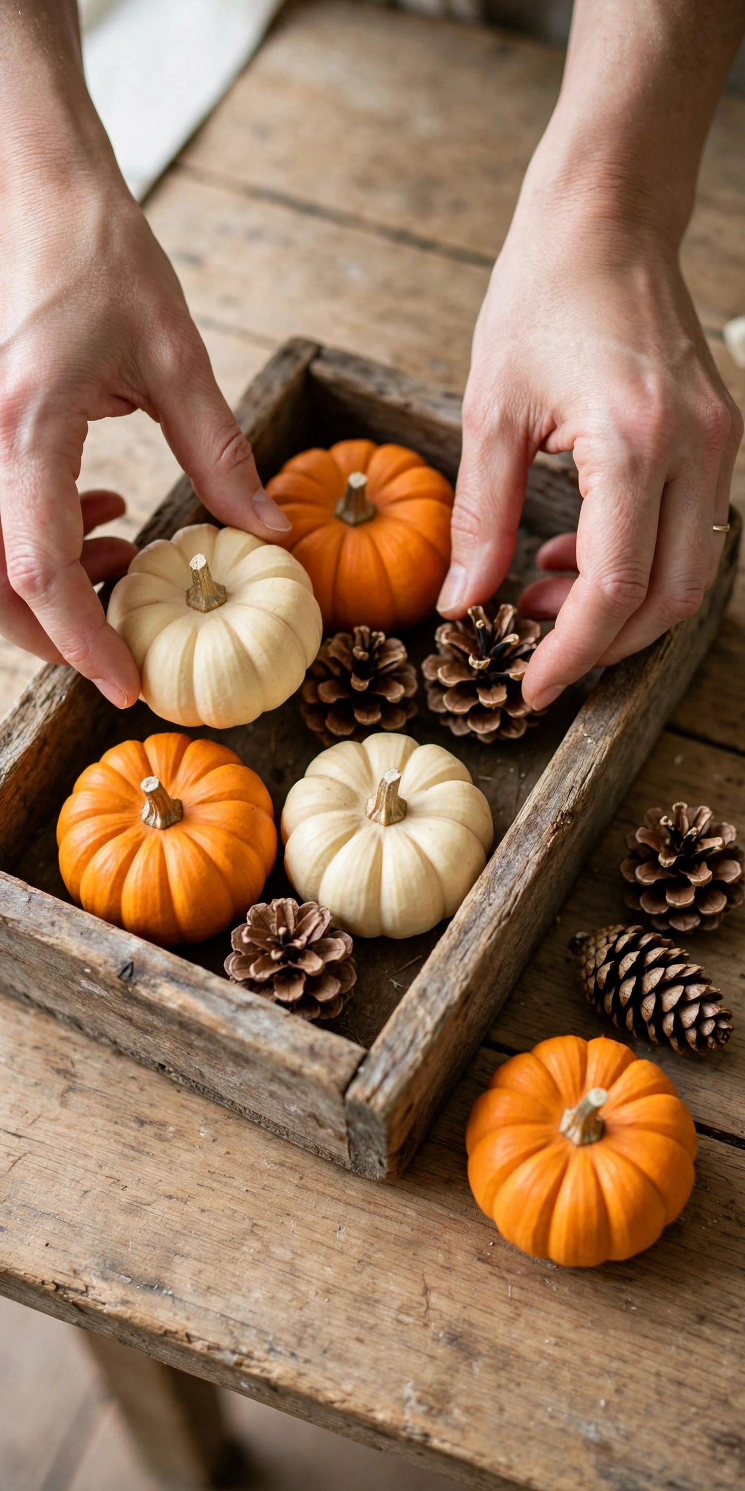 Hands arranging mini pumpkins and pinecones in a wooden tray