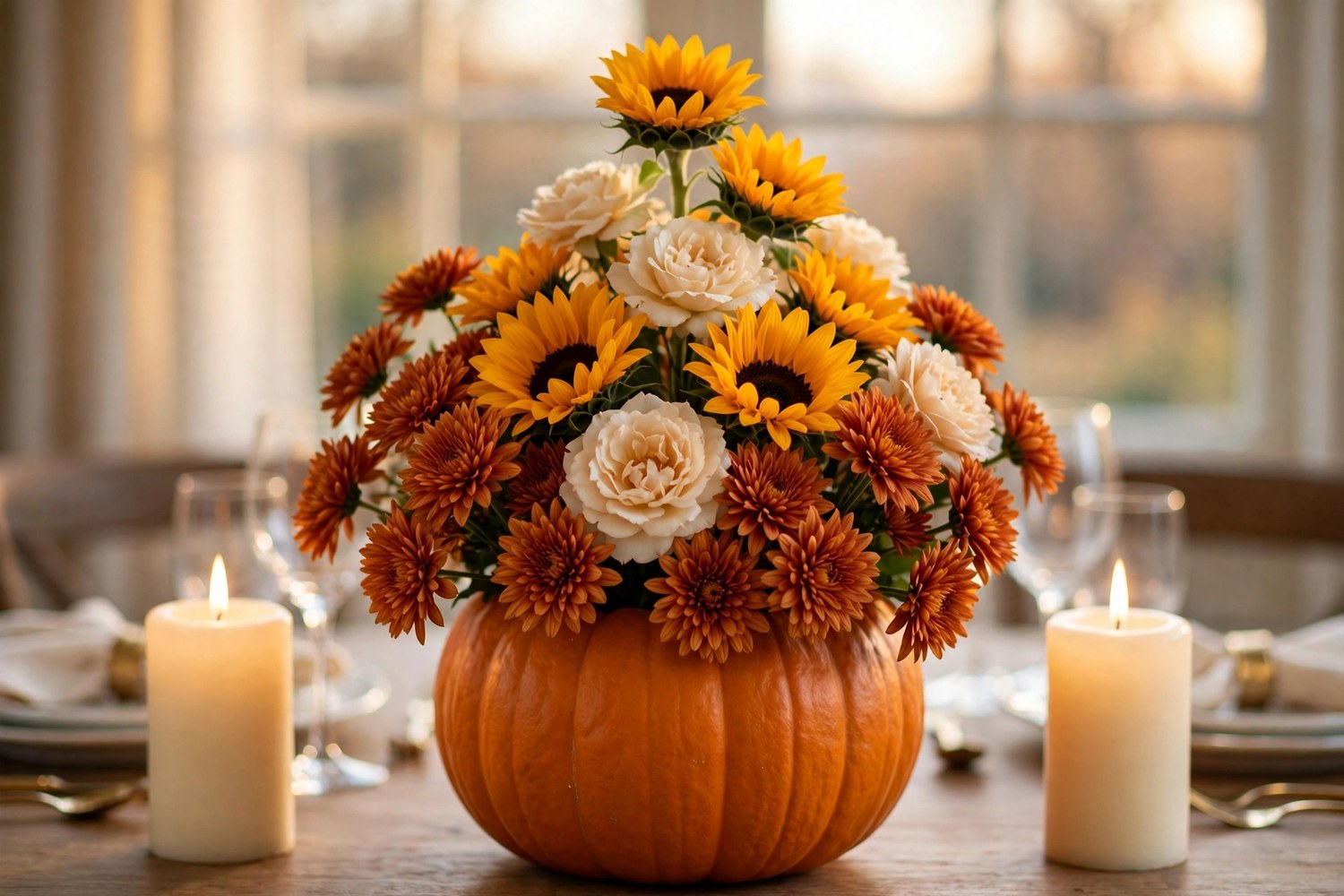 Thanksgiving table with handmade pumpkin flower centerpiece and candles