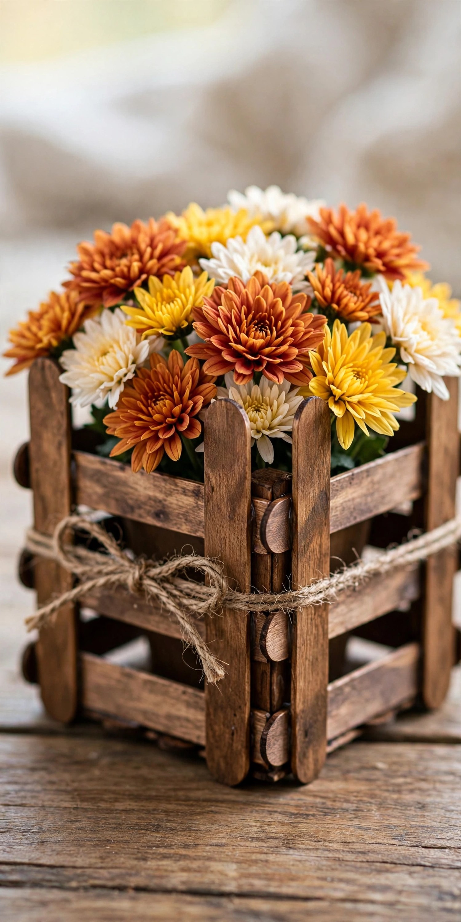 Handmade popsicle stick crate filled with fall flowers