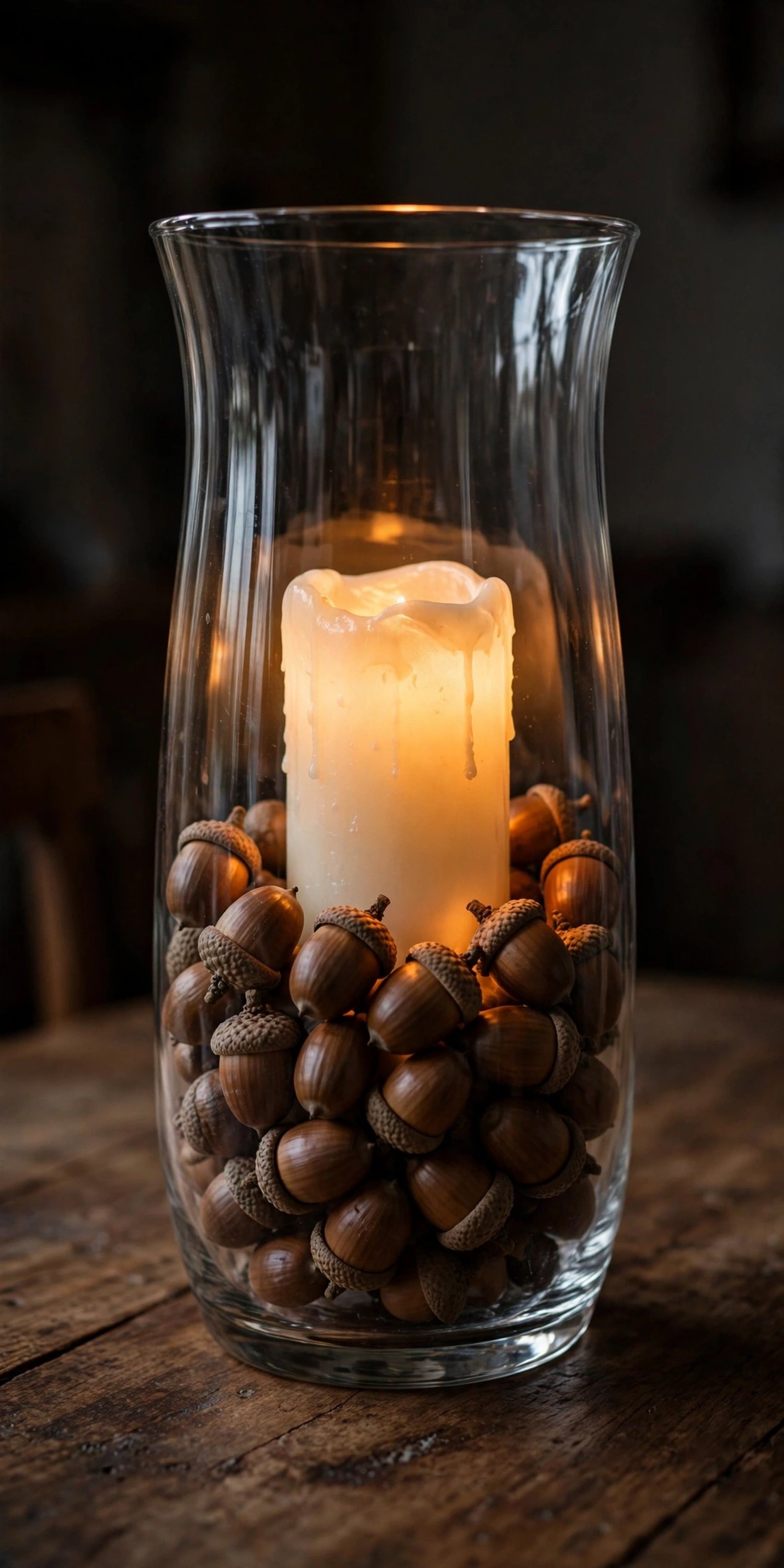 Glass hurricane filled with acorns around a glowing pillar candle