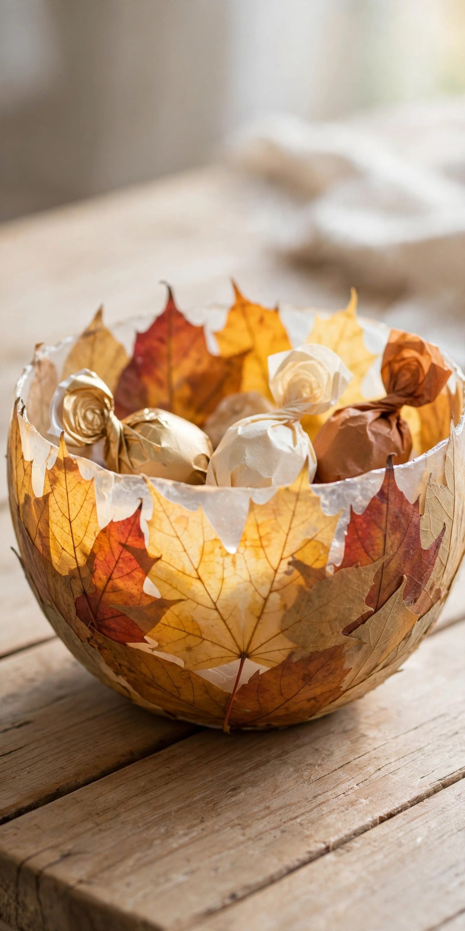Delicate bowl made of pressed autumn leaves holding candies