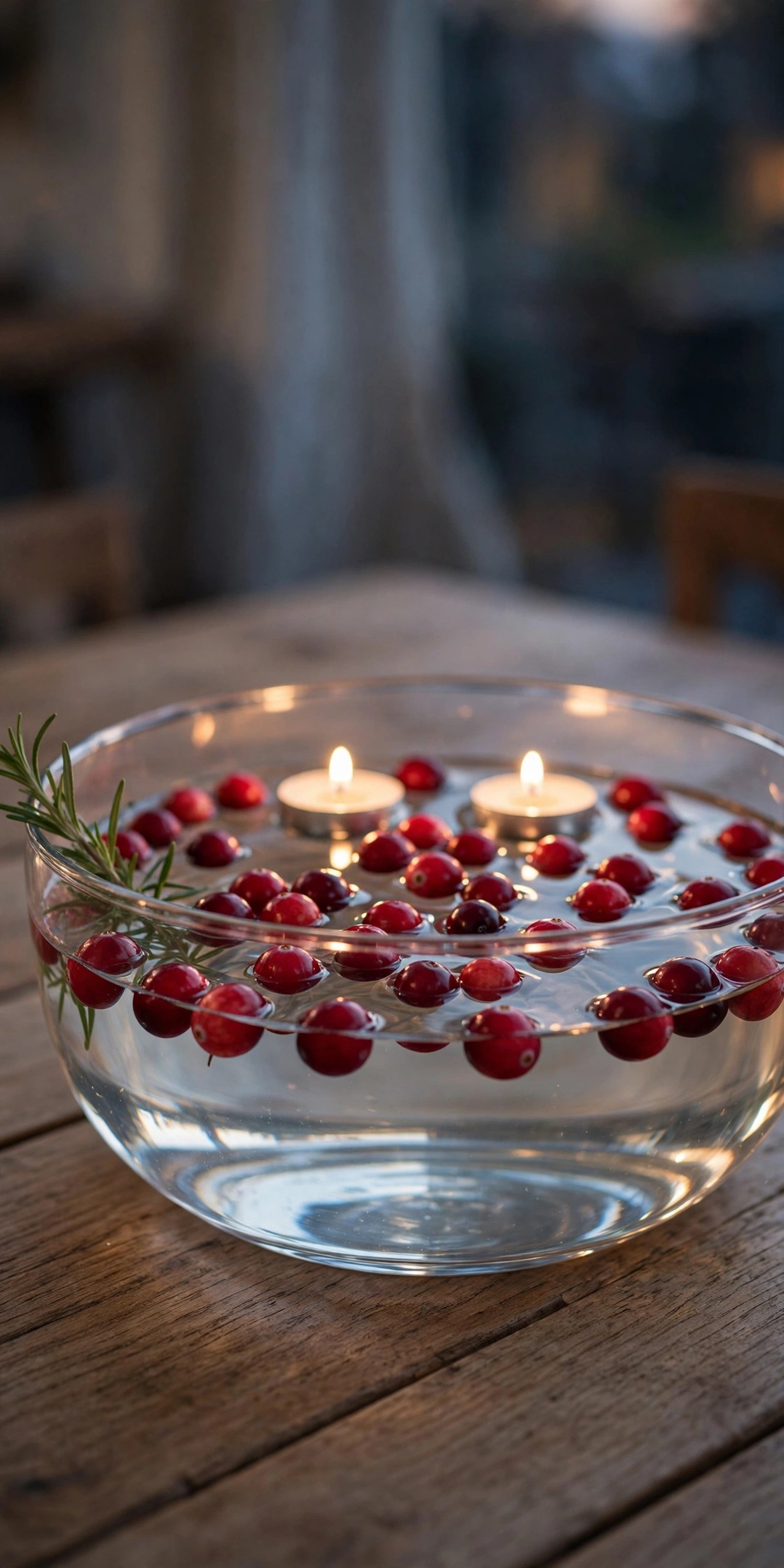 Glass bowl with floating cranberries and candles