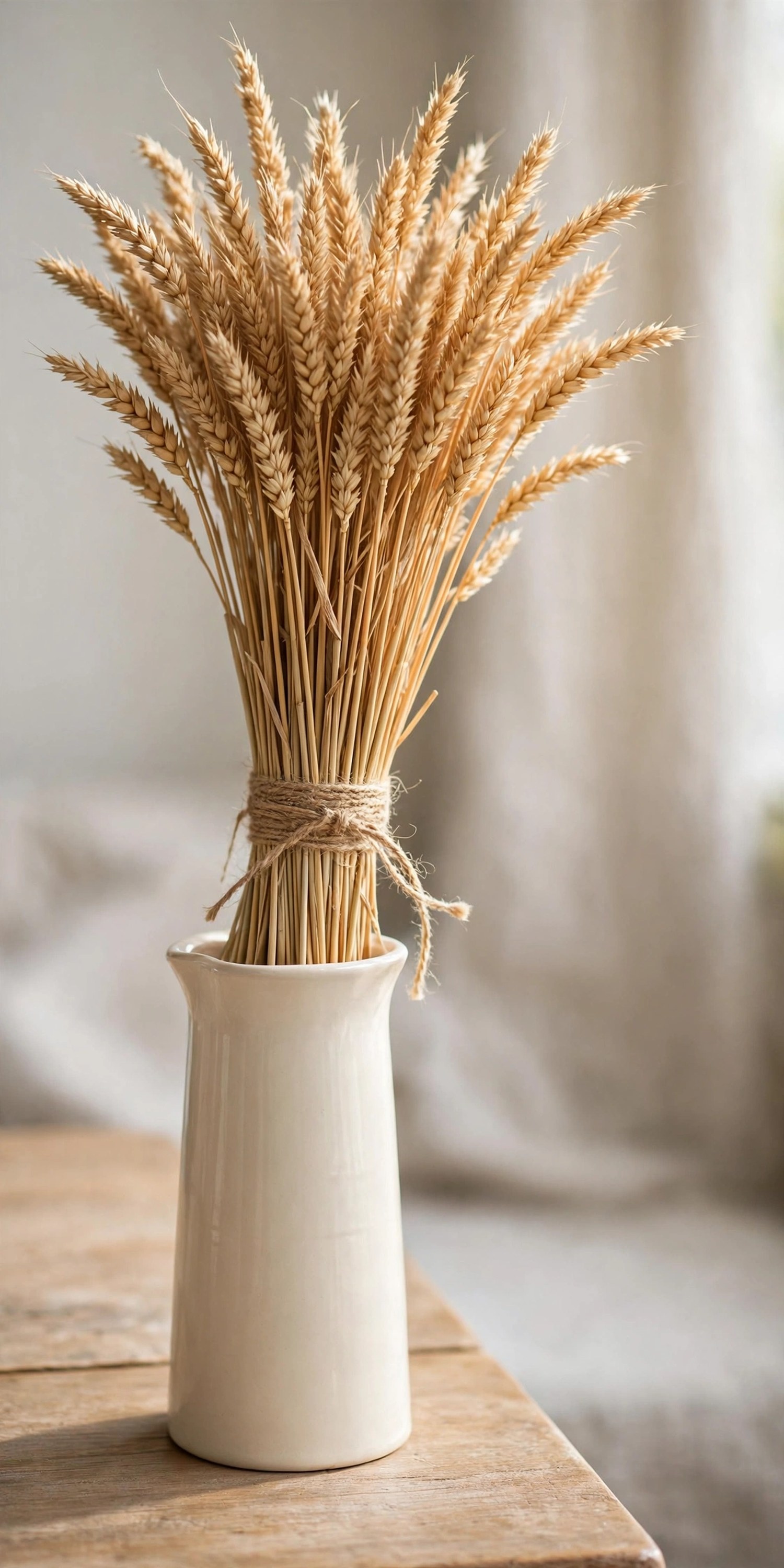 Tall bundle of dried wheat tied with twine in a ceramic pitcher