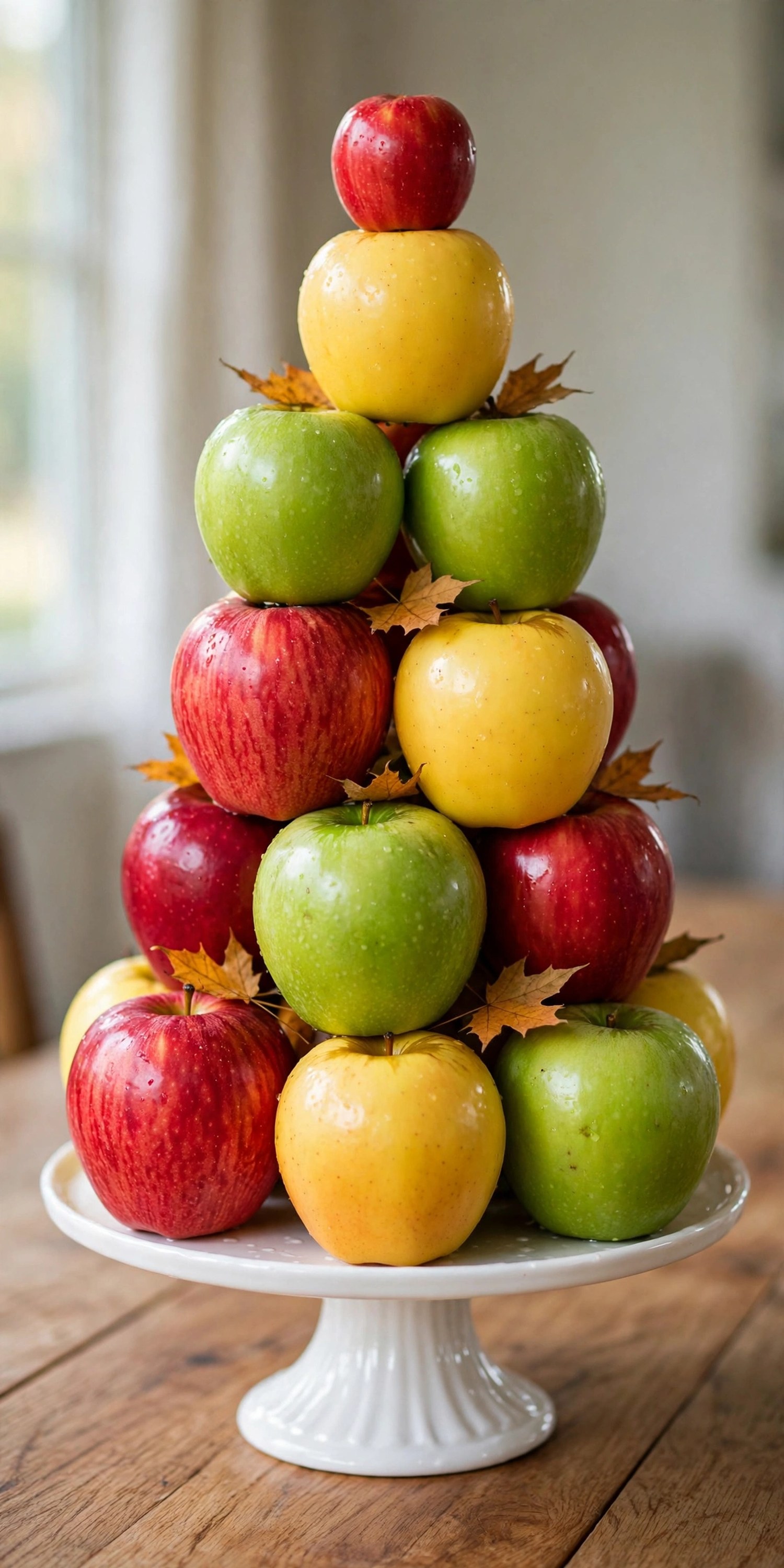 Tower of red, green, and yellow apples stacked on a cake stand