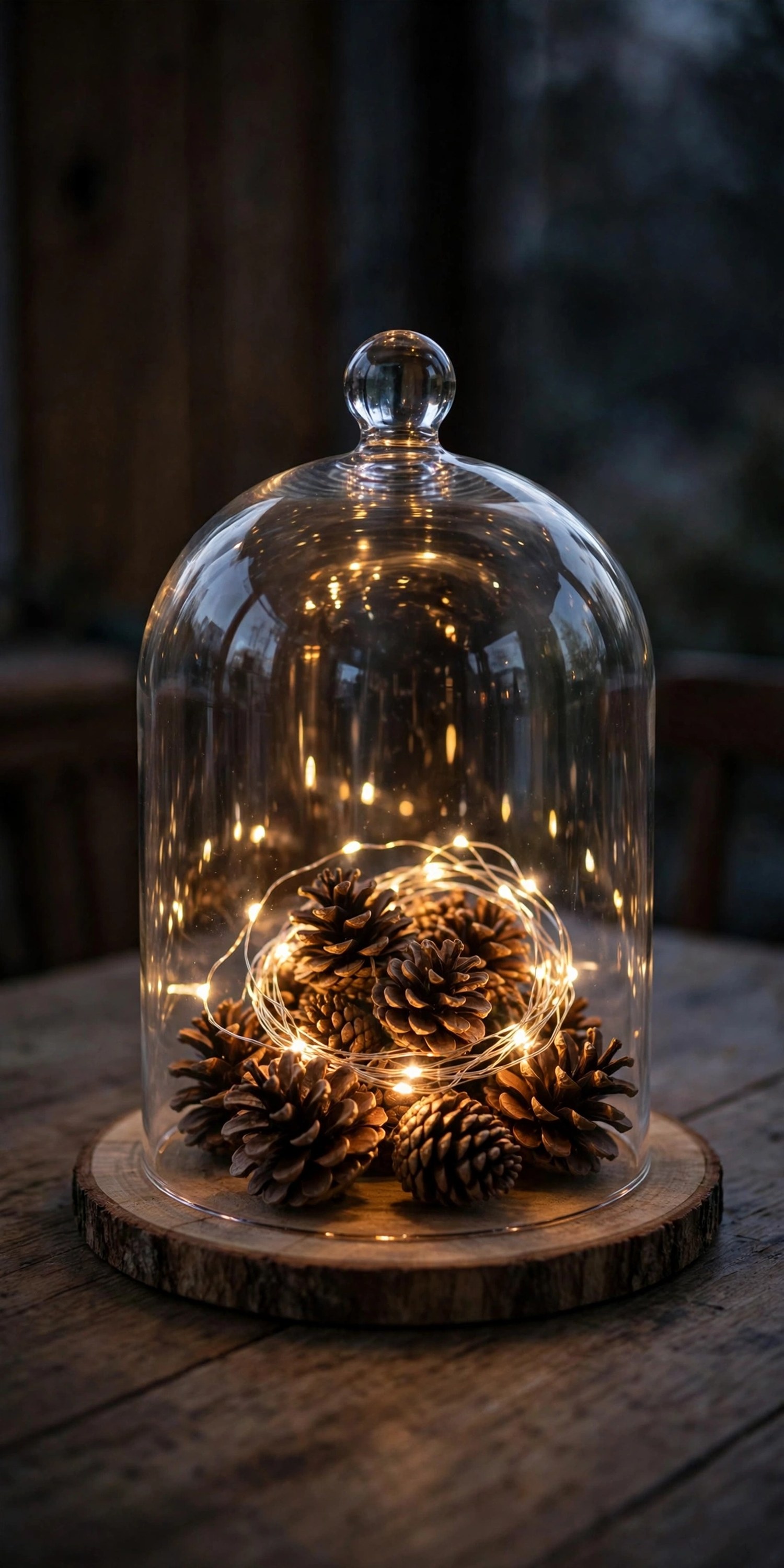 Glass cloche over pinecones and fairy lights glowing at dusk