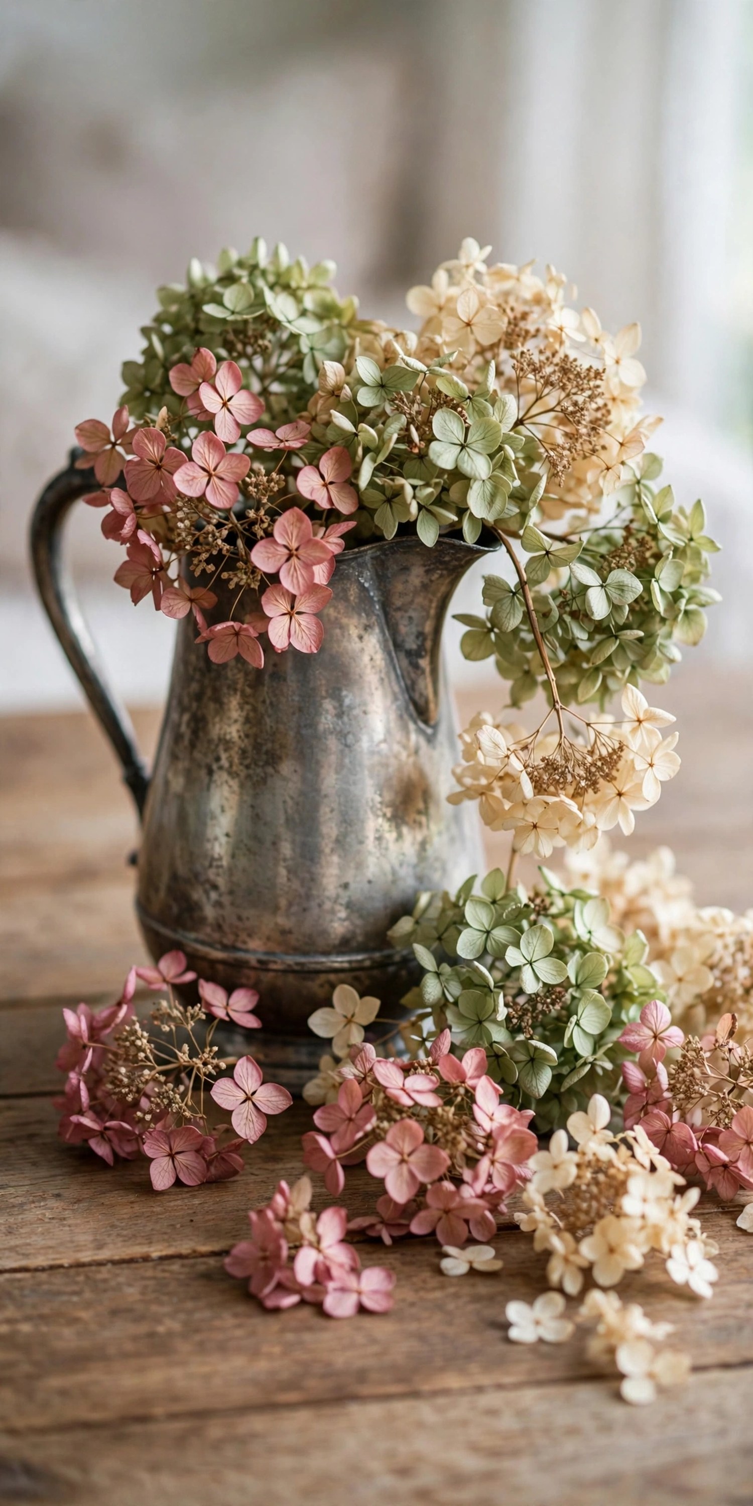 Dried hydrangea blooms in dusty rose and sage in a vintage pitcher