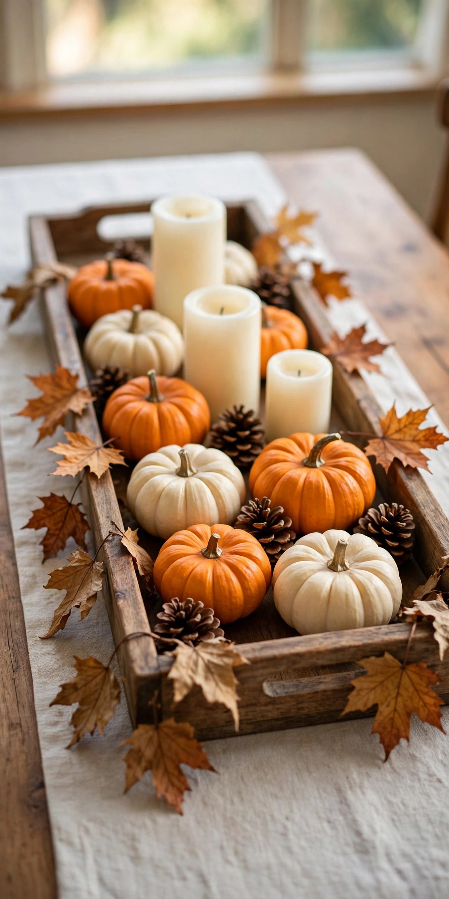 Wooden tray centerpiece with mini pumpkins, pinecones, and pillar candles