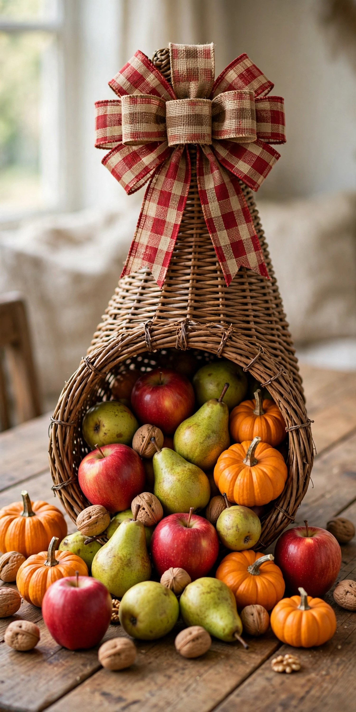 Woven cornucopia with handmade plaid bow overflowing with fruit