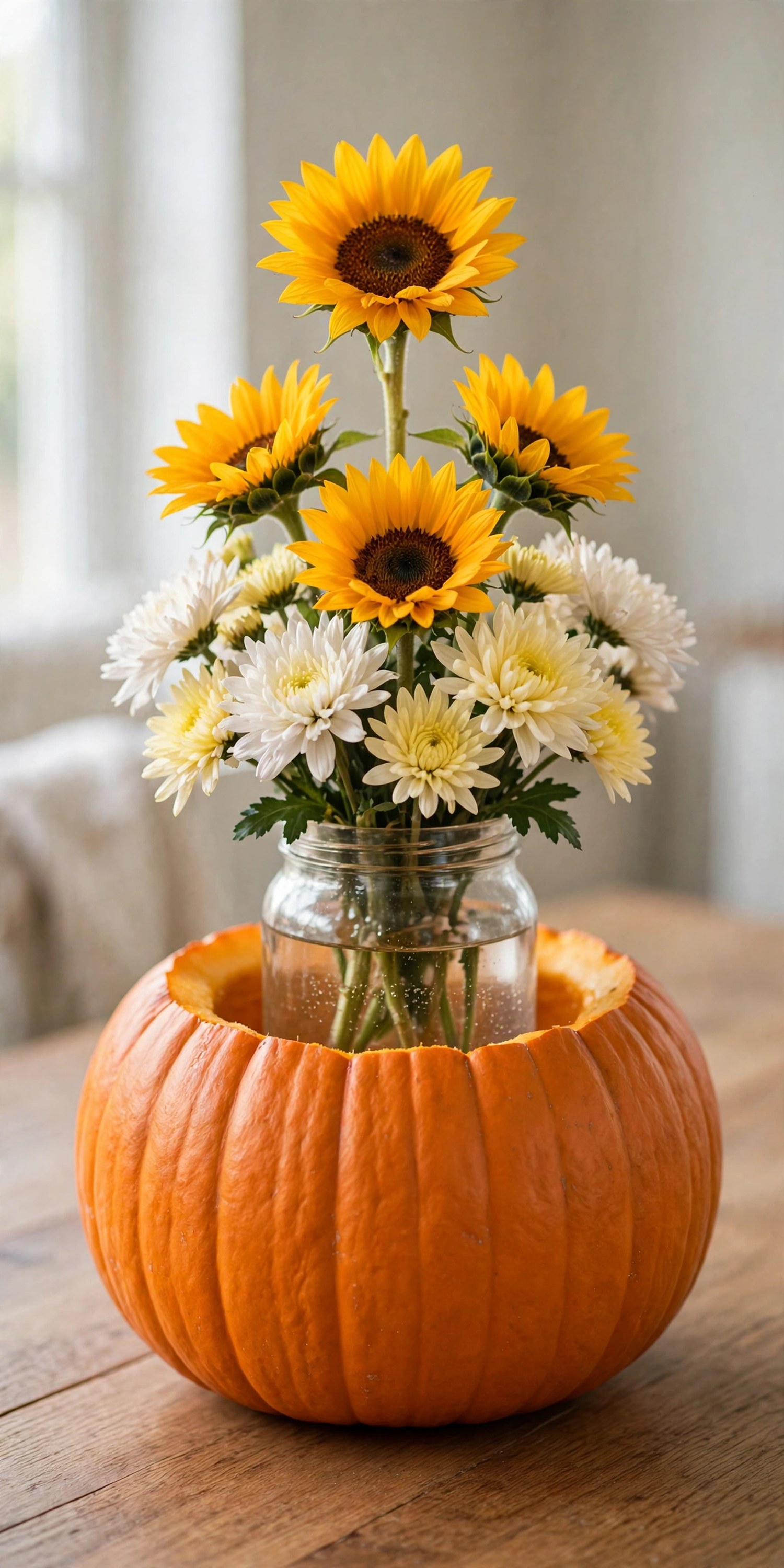 Hollowed pumpkin vase filled with mums and sunflowers