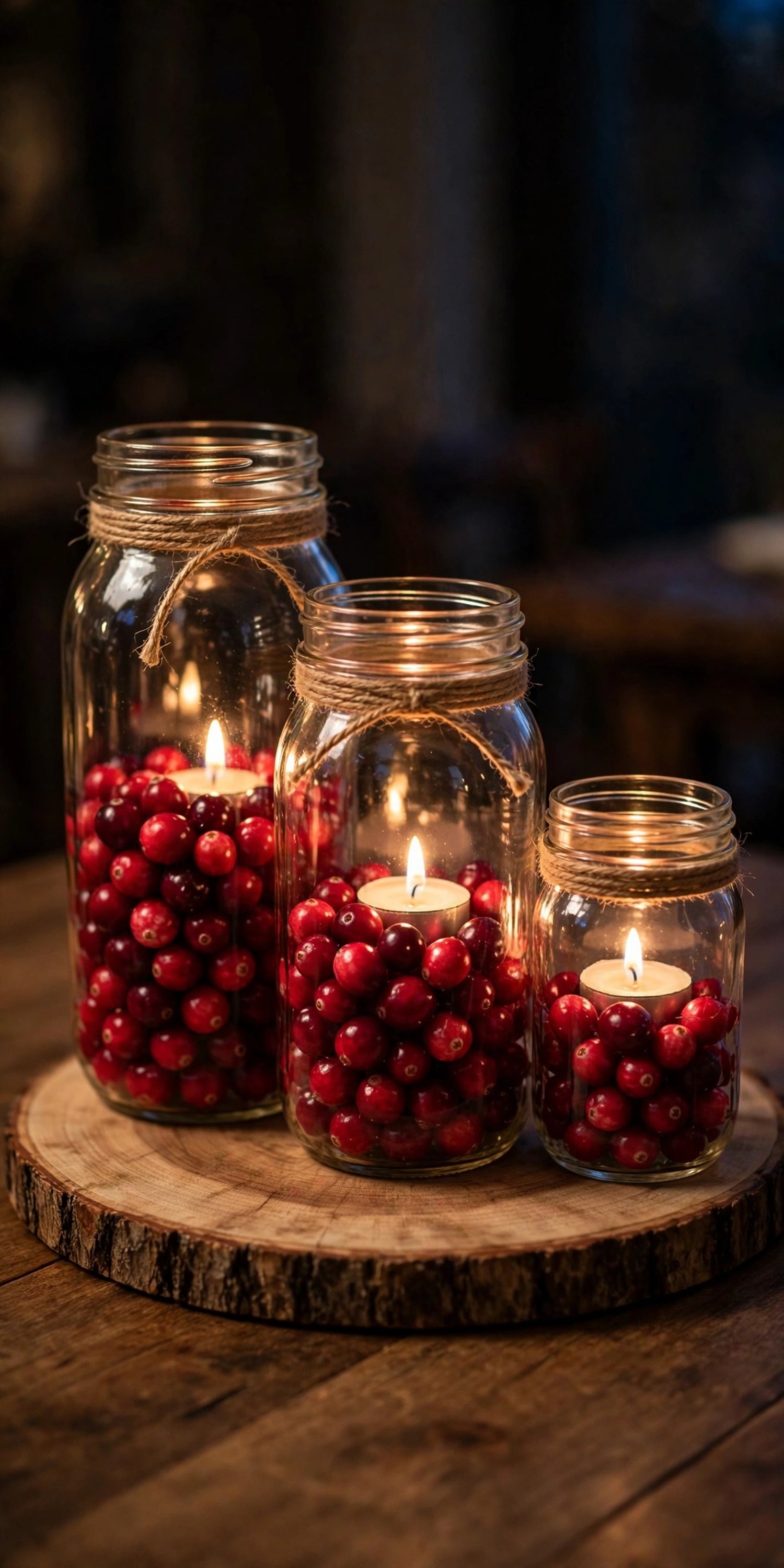 Mason jar candle cluster with cranberries in different jar sizes