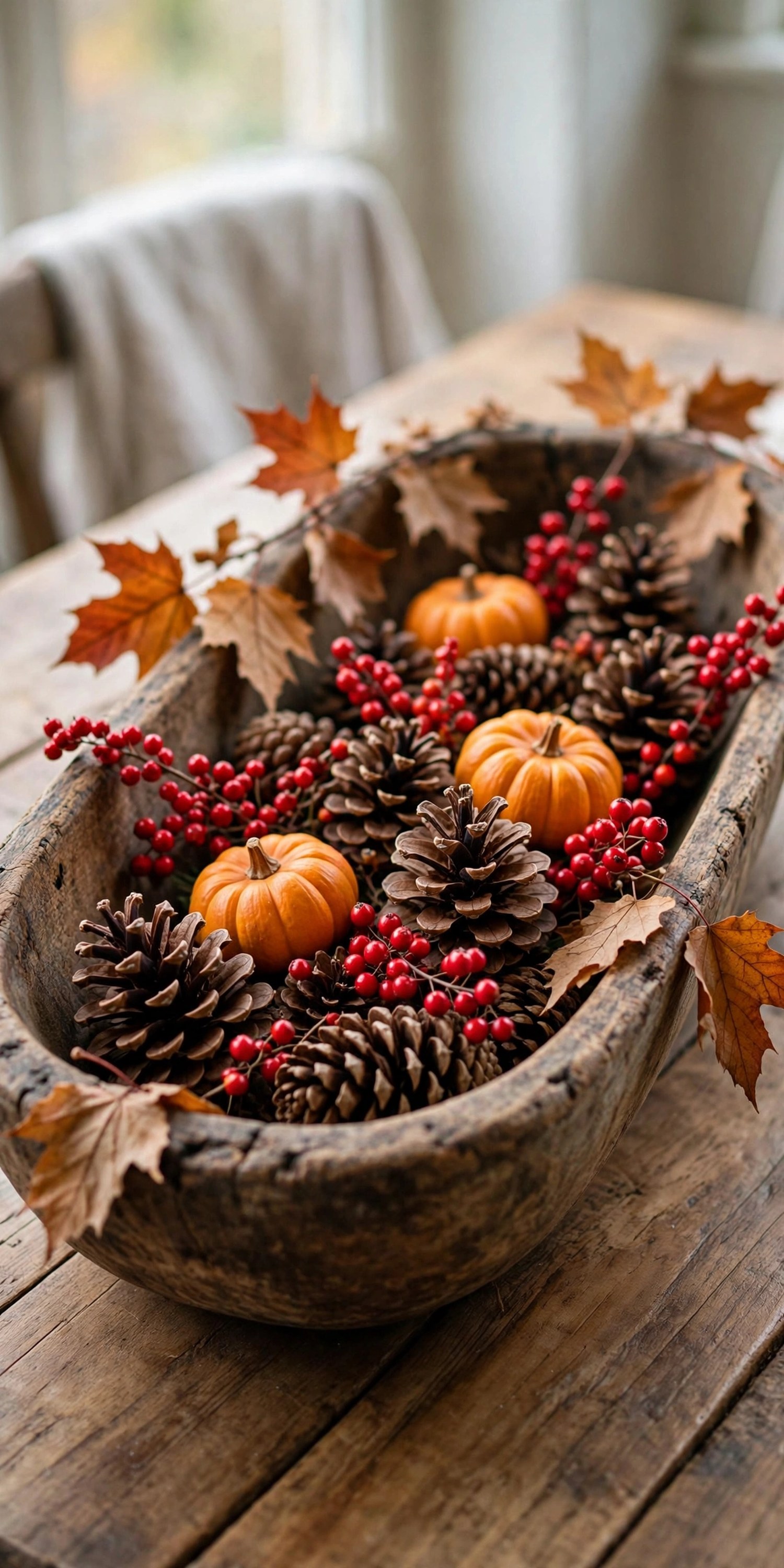 Wooden dough bowl filled with pinecones, berries, and mini pumpkins