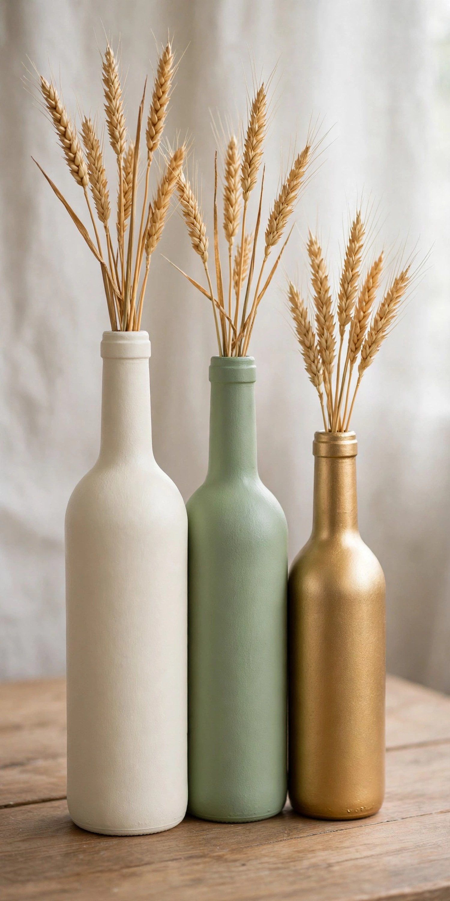 Painted wine bottles in cream and gold holding dried wheat stems