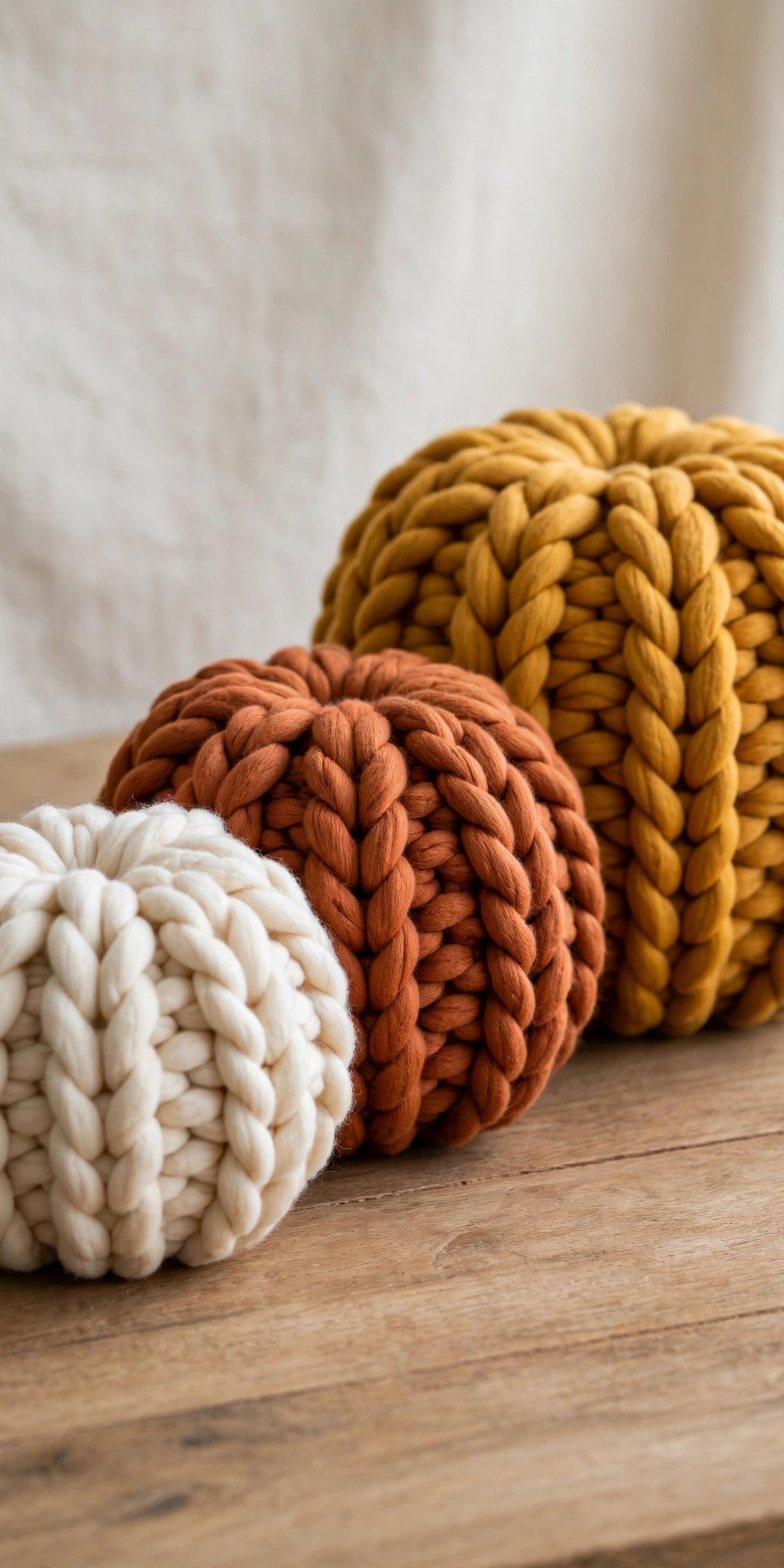Yarn-wrapped pumpkins in cream, rust, and mustard