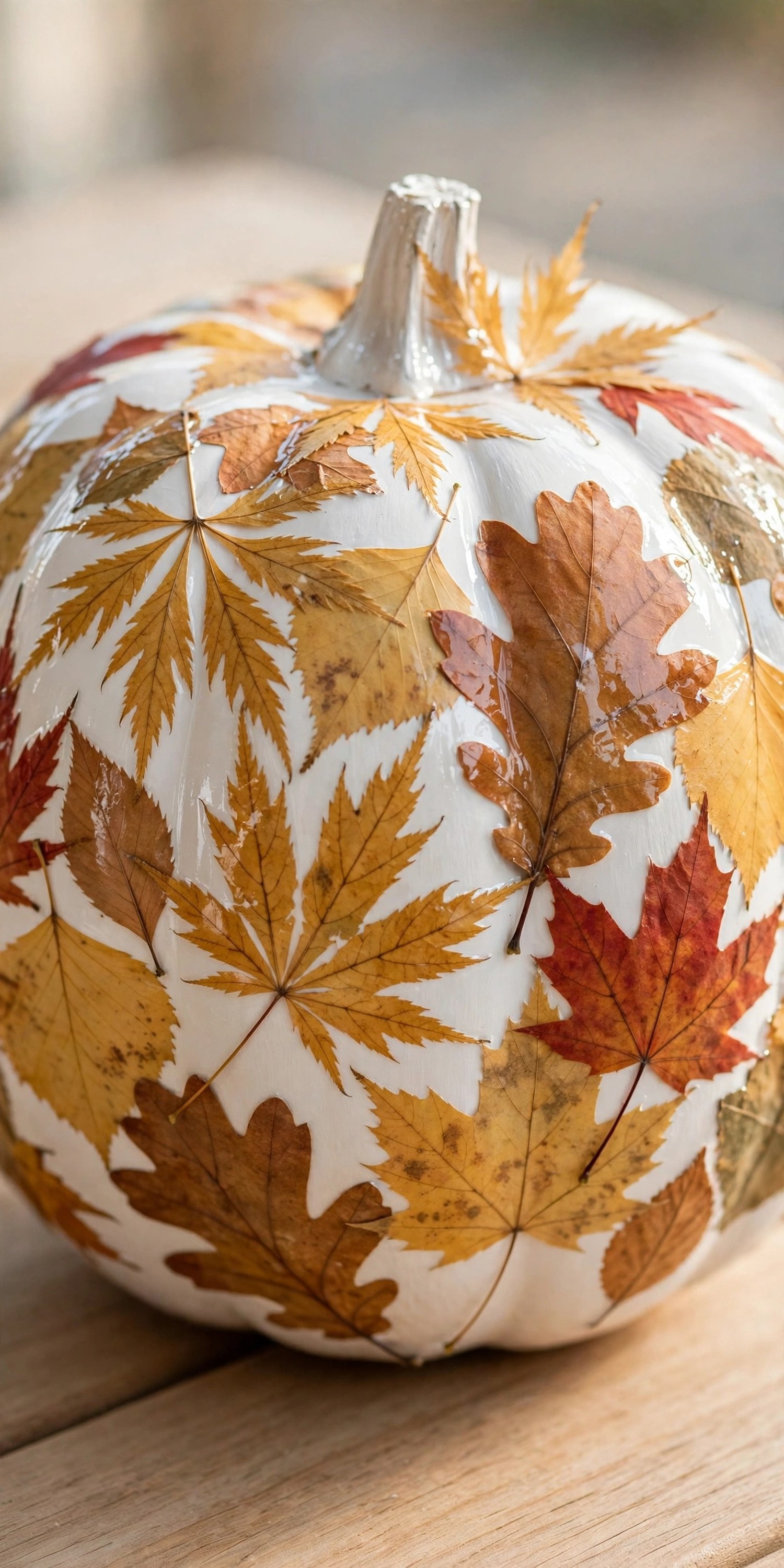 White pumpkin decoupaged with pressed autumn leaves