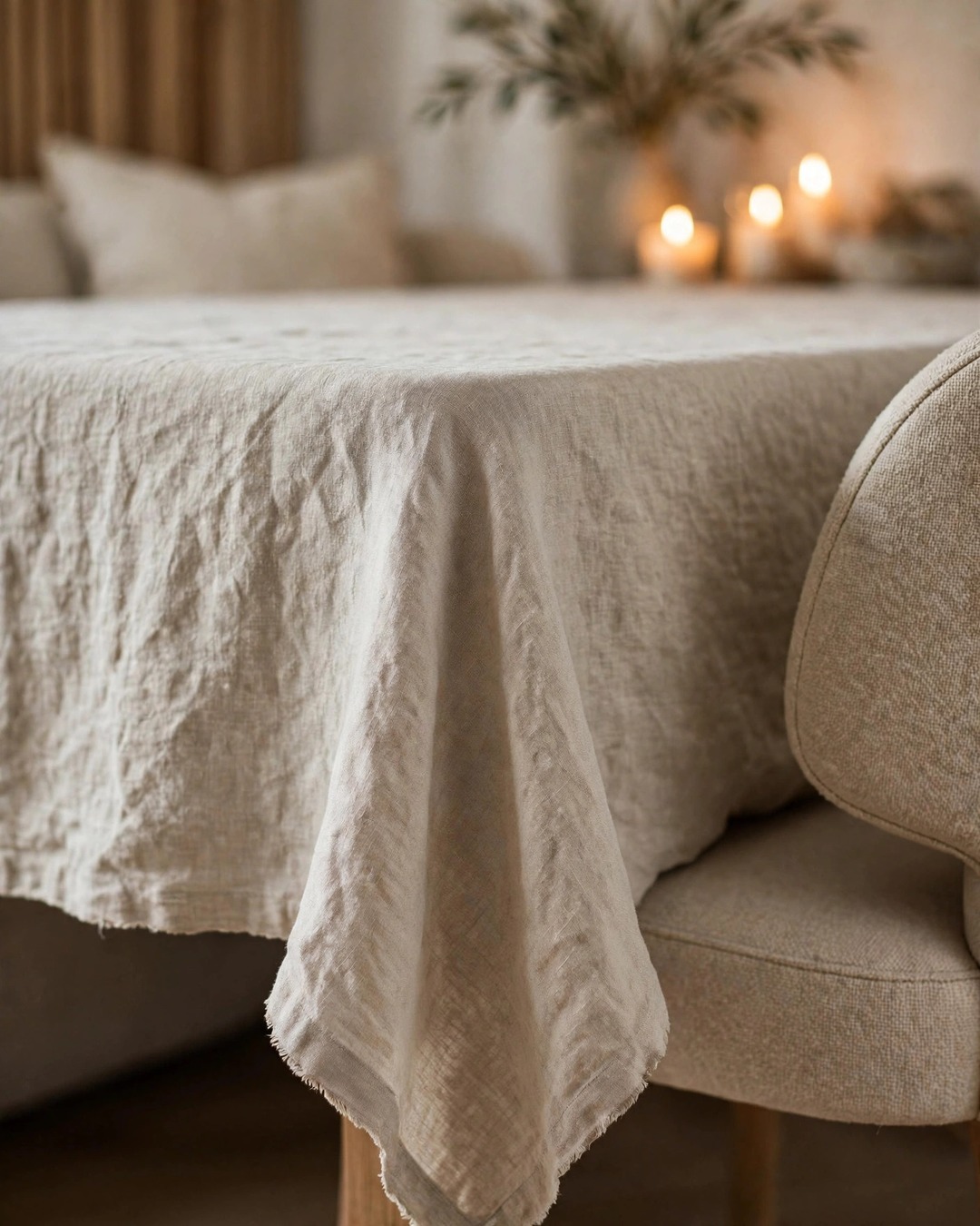 Washed oatmeal linen tablecloth draped over a dining table