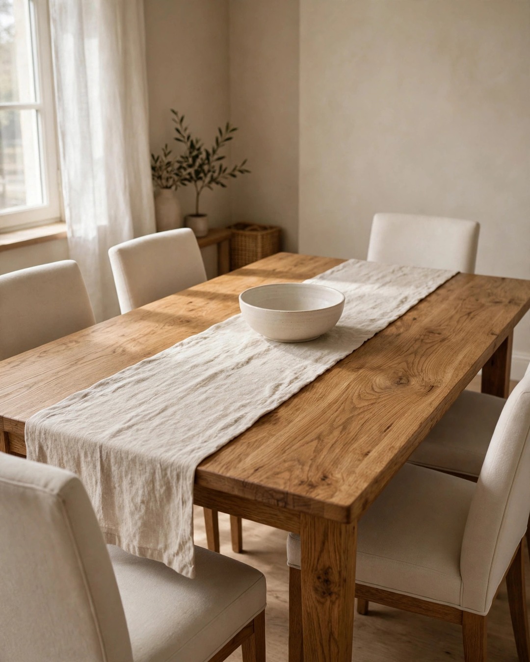 Warm oak wooden dining table with visible wood grain in a neutral dining room