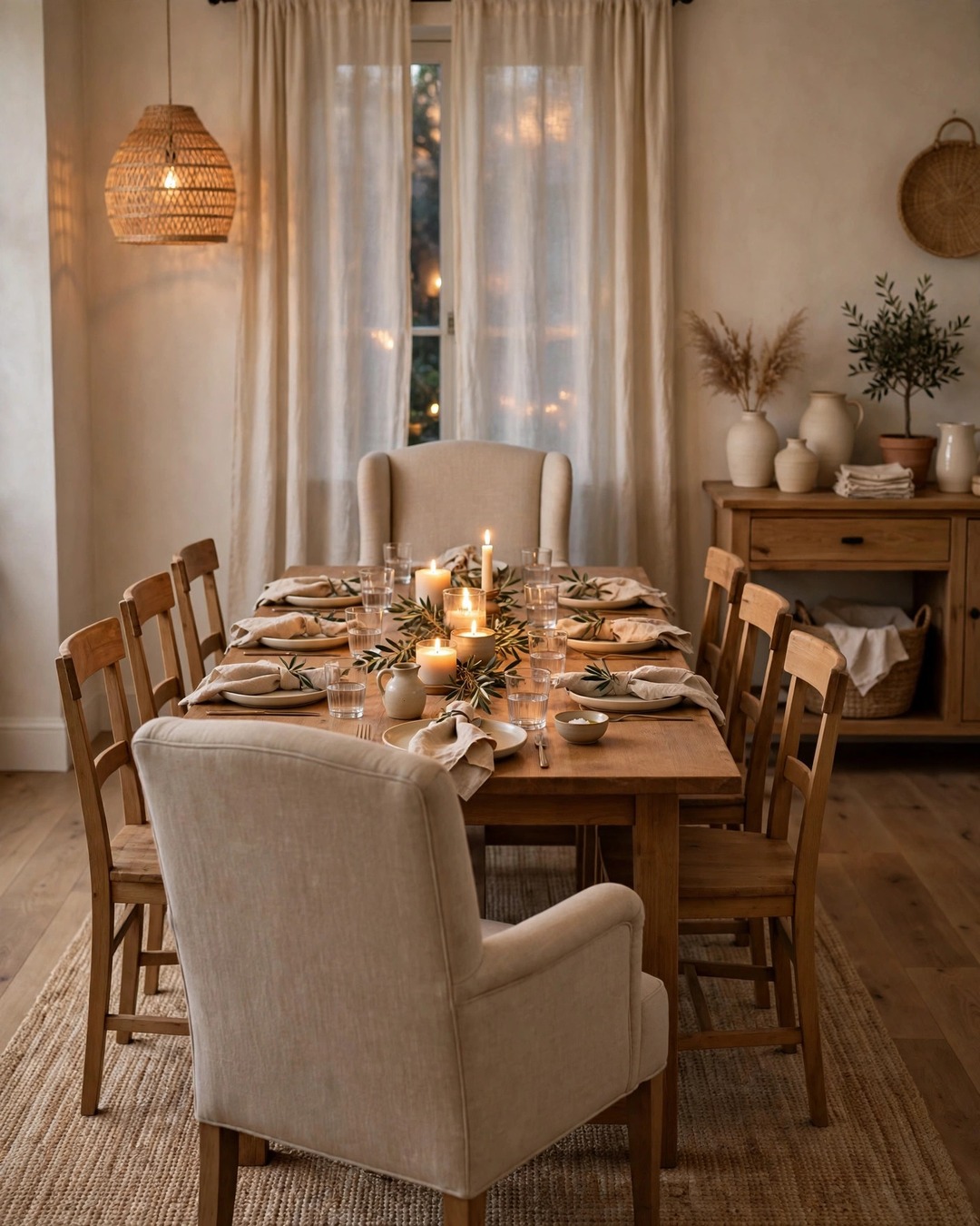 Mixed dining chairs, upholstered linen and wood, around a neutral dining table