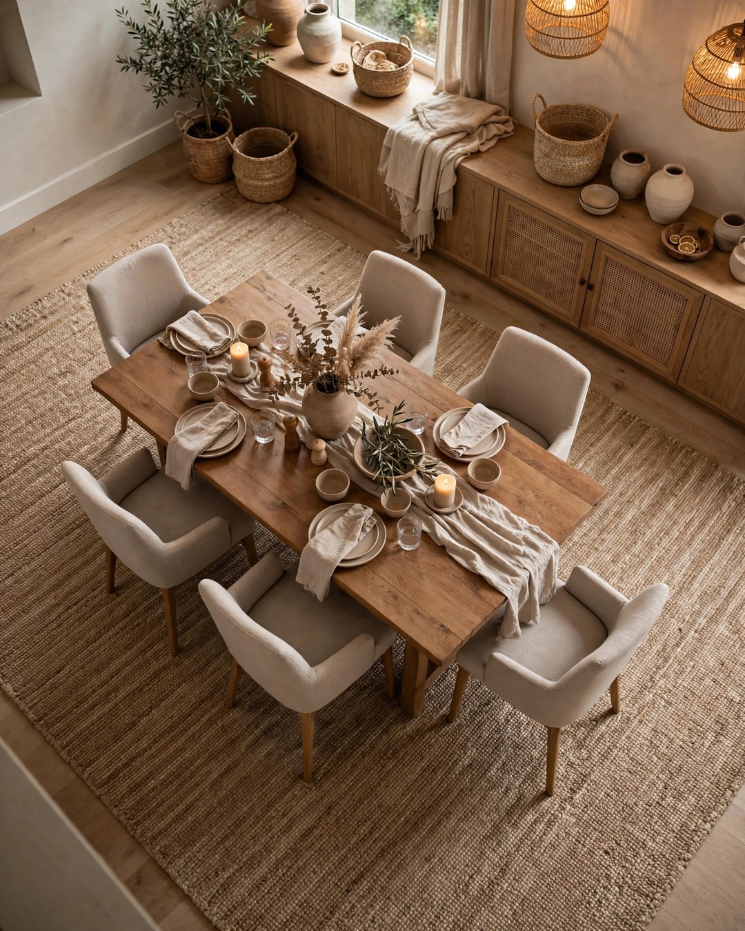 Natural jute rug extending under a wooden dining table with beige chairs