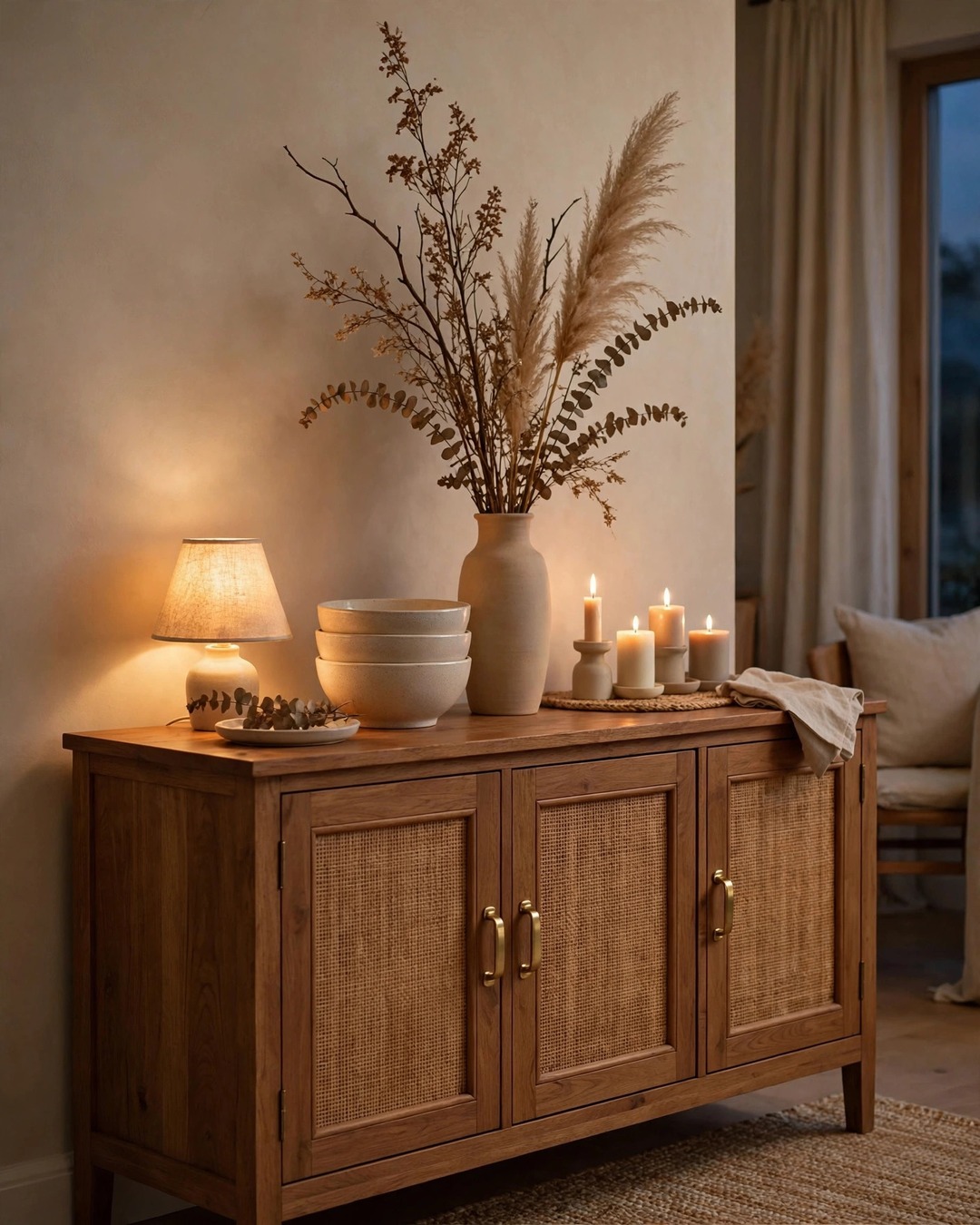 Wooden sideboard styled with a lamp, serving bowls, and dried branches
