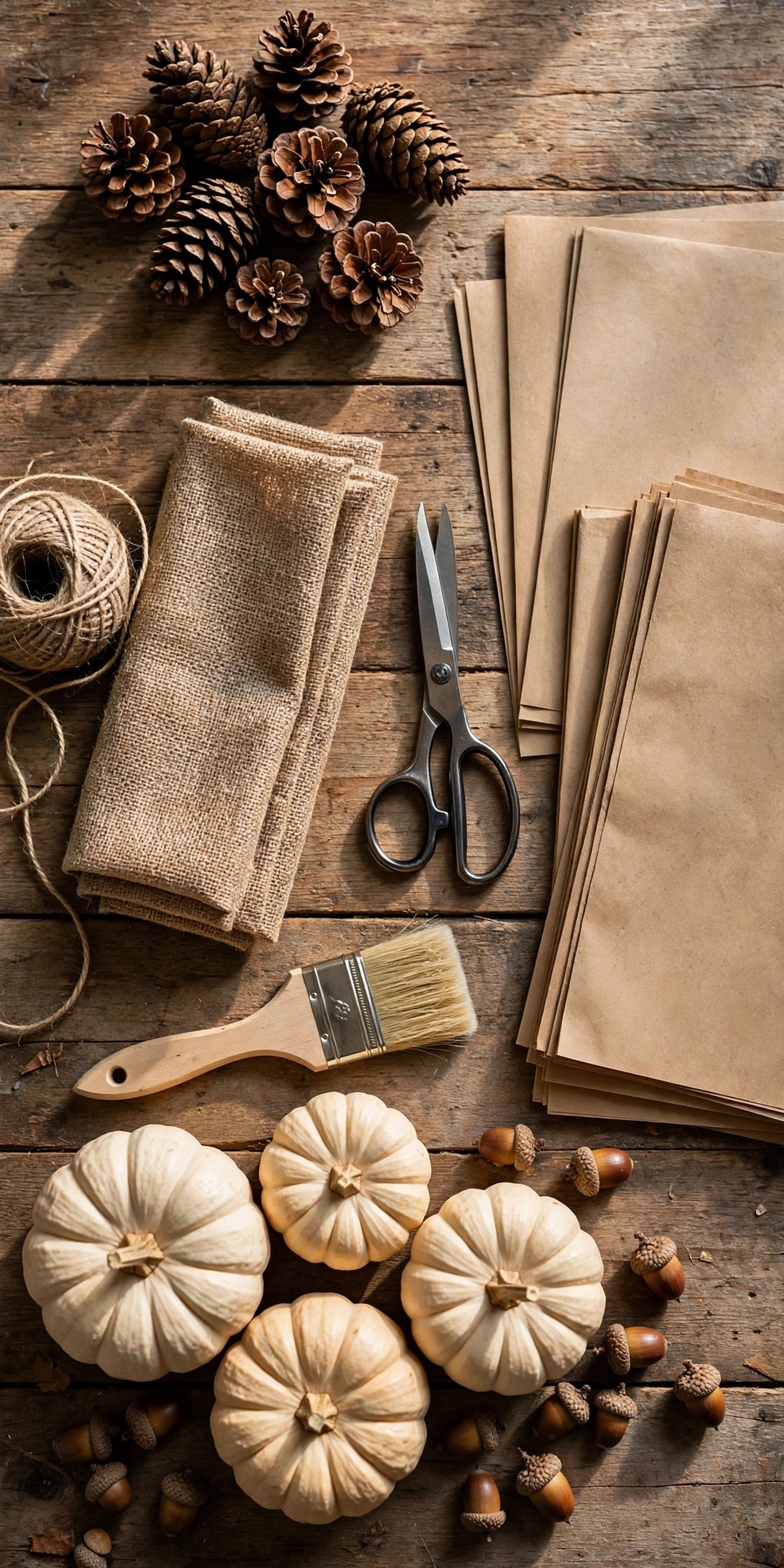 Overhead flat lay of Thanksgiving DIY craft supplies on a wooden table