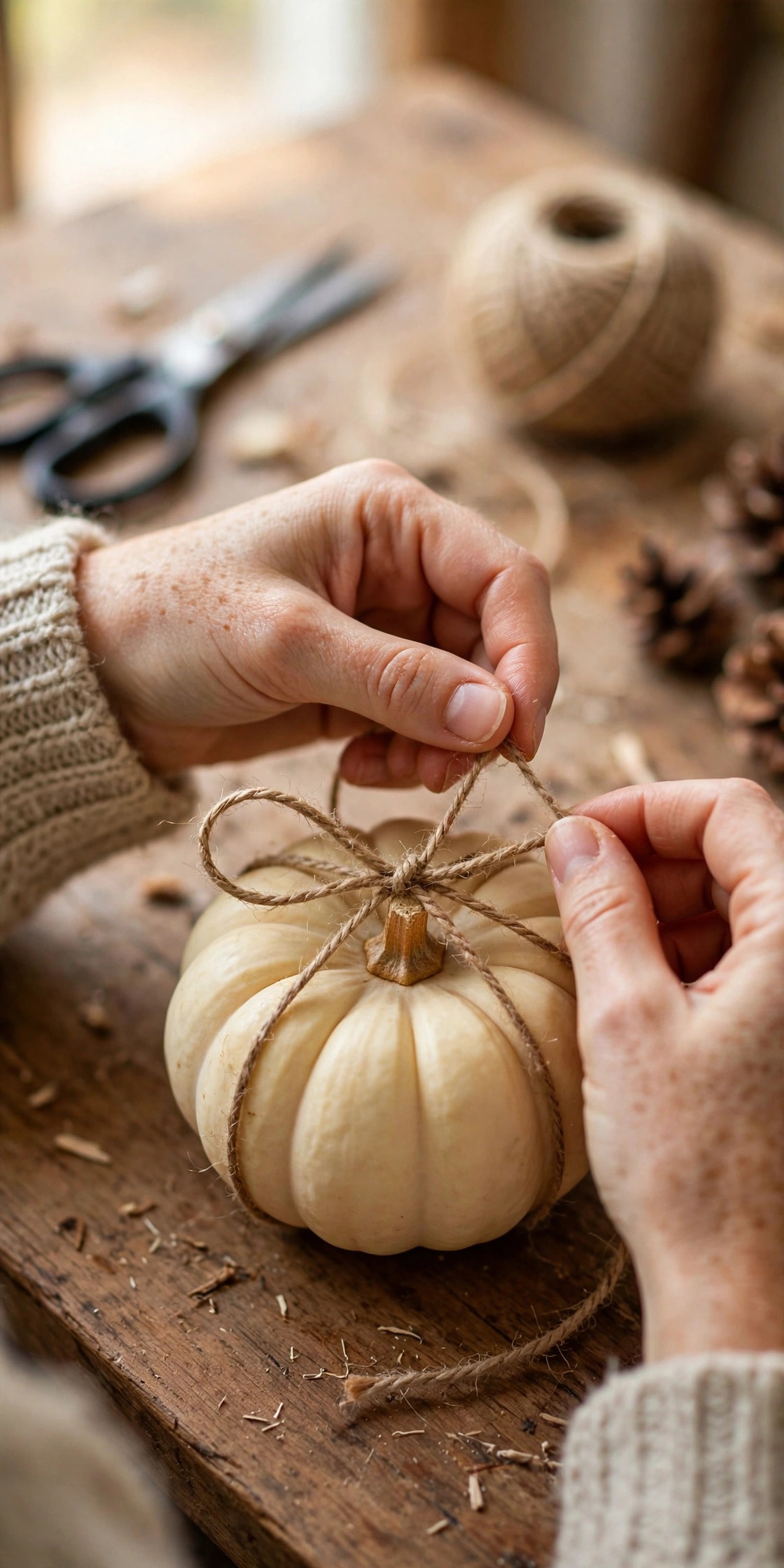 Hands tying twine around a small pumpkin craft decoration