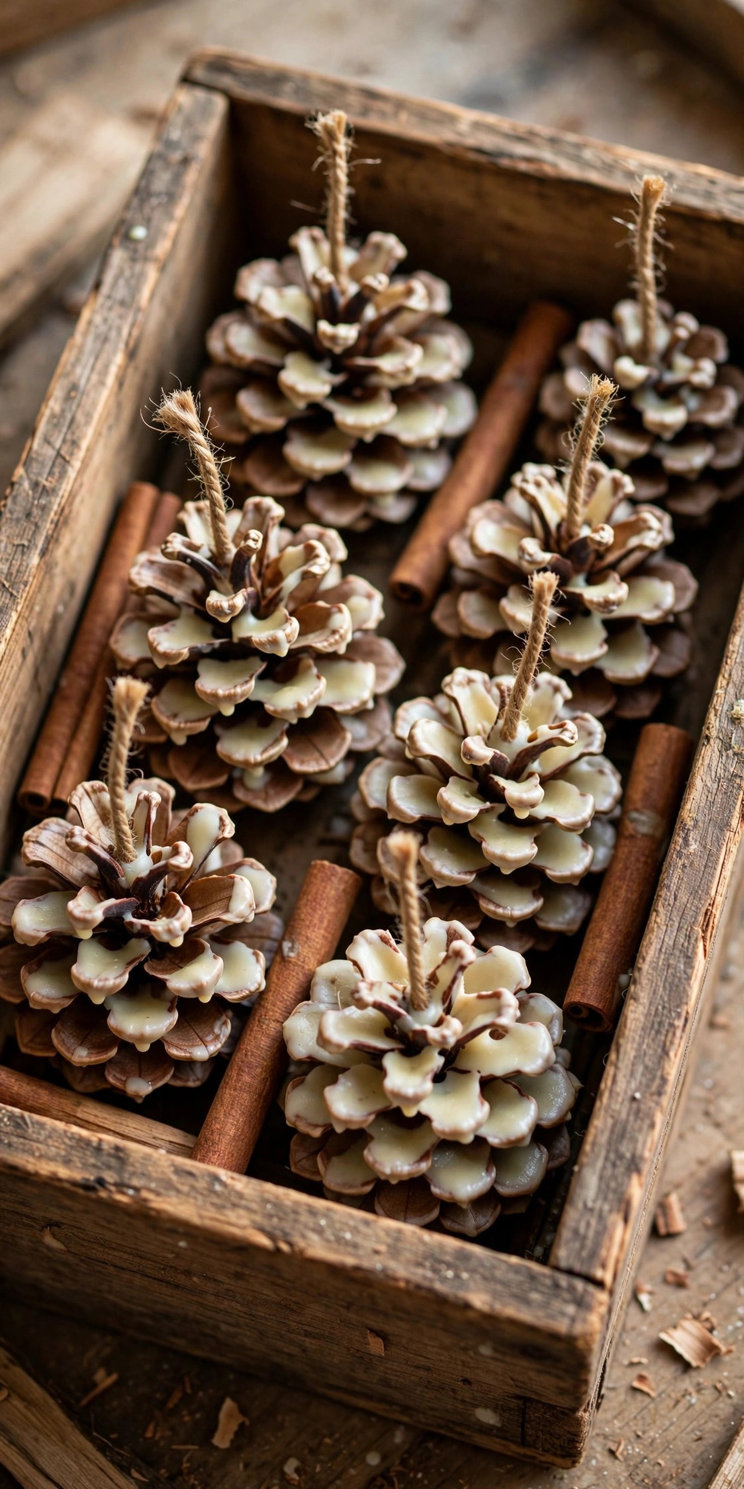 Handmade pinecone fire starters tied with twine in a wooden box