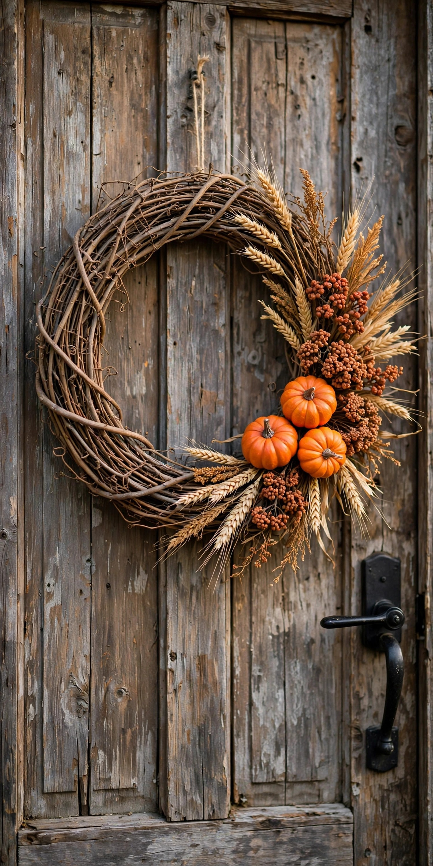 DIY grapevine wreath with fall leaves, mini pumpkins, and burlap bow