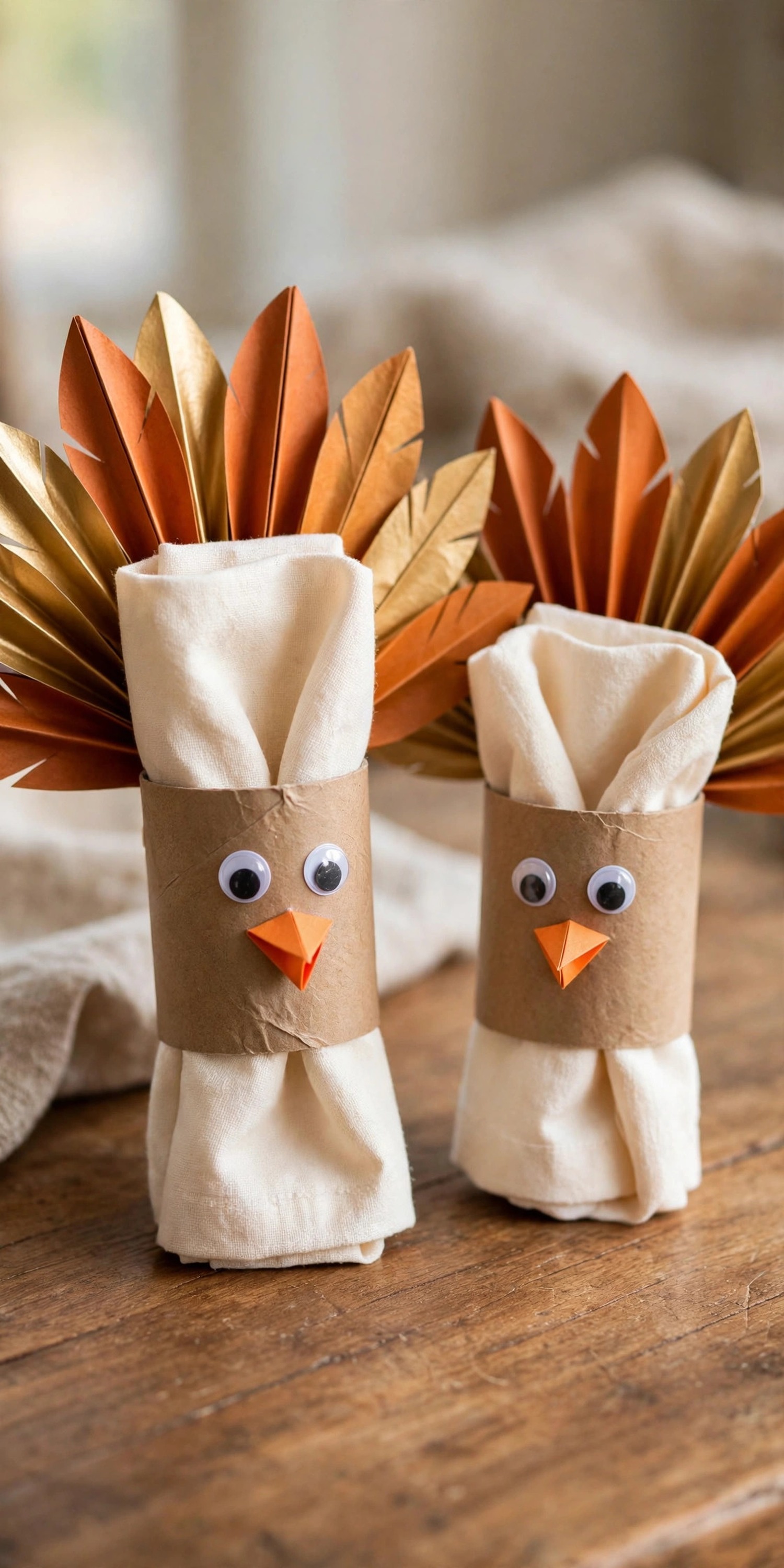 Handmade turkey napkin rings with paper feathers and googly eyes