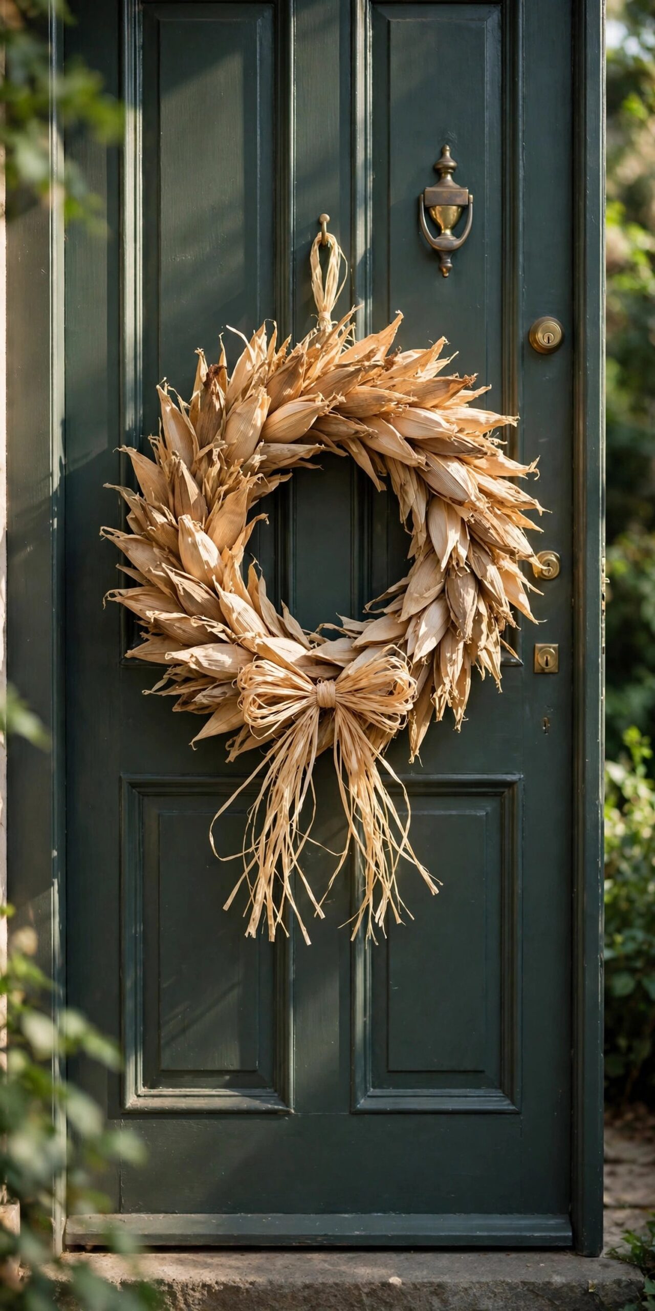 Handmade corn husk wreath on a front door for fall