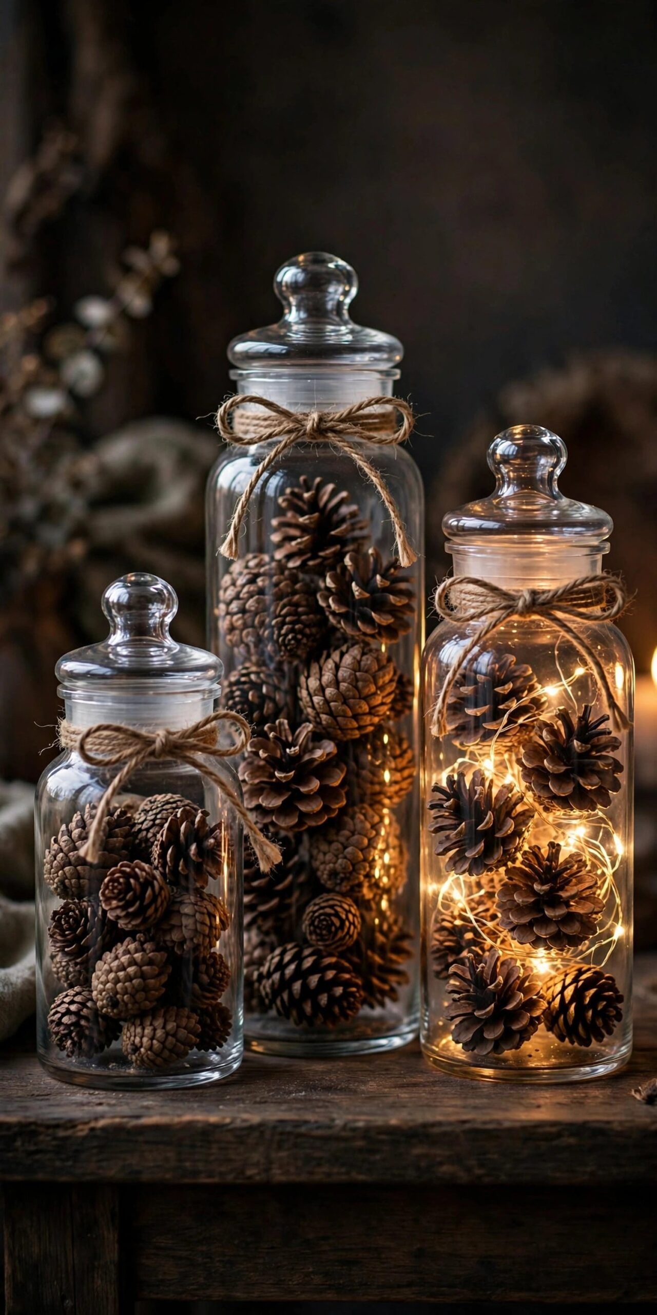 Glass jars filled with pinecones and fairy lights