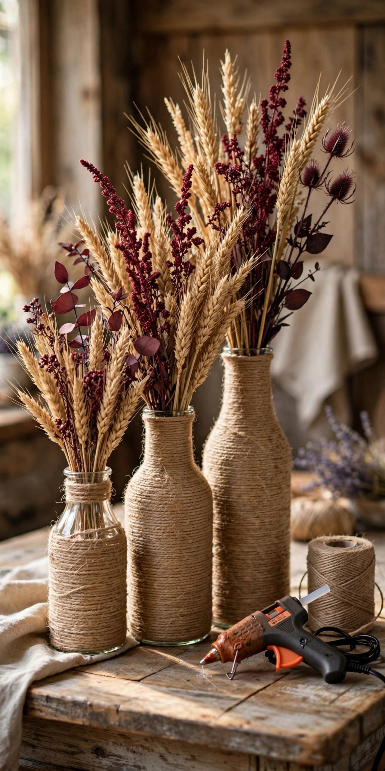 Twine-wrapped vases with dried fall stems