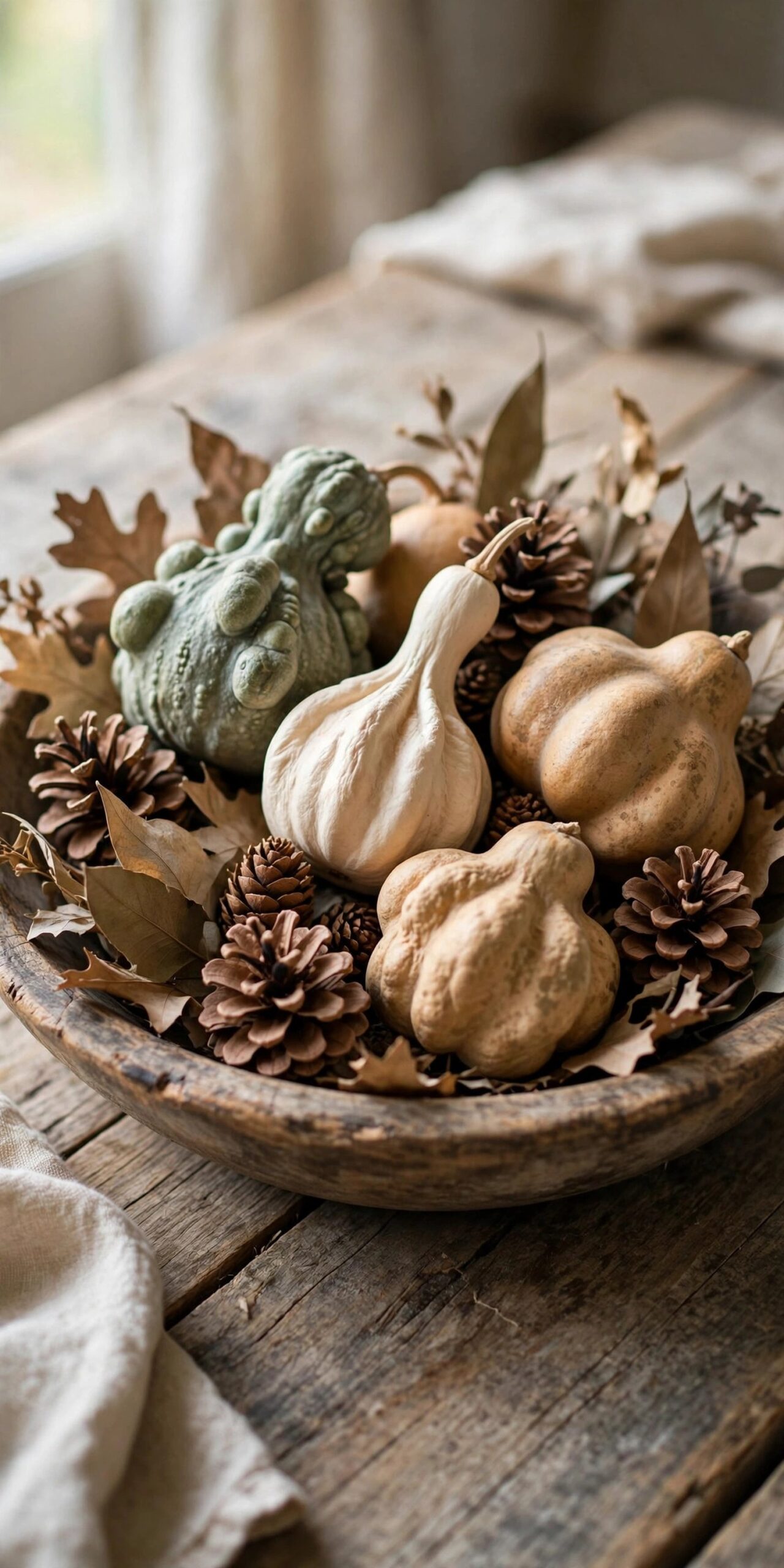 Dried gourds in a wooden bowl fall centerpiece