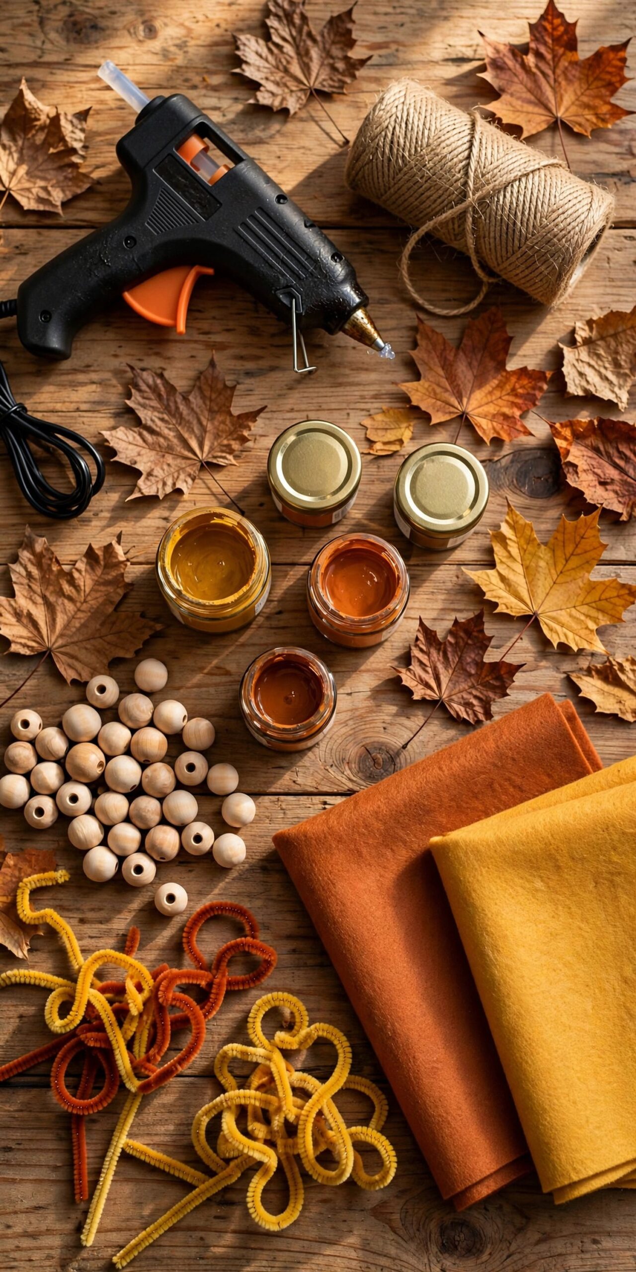 Fall DIY craft supplies flat lay on a wooden table