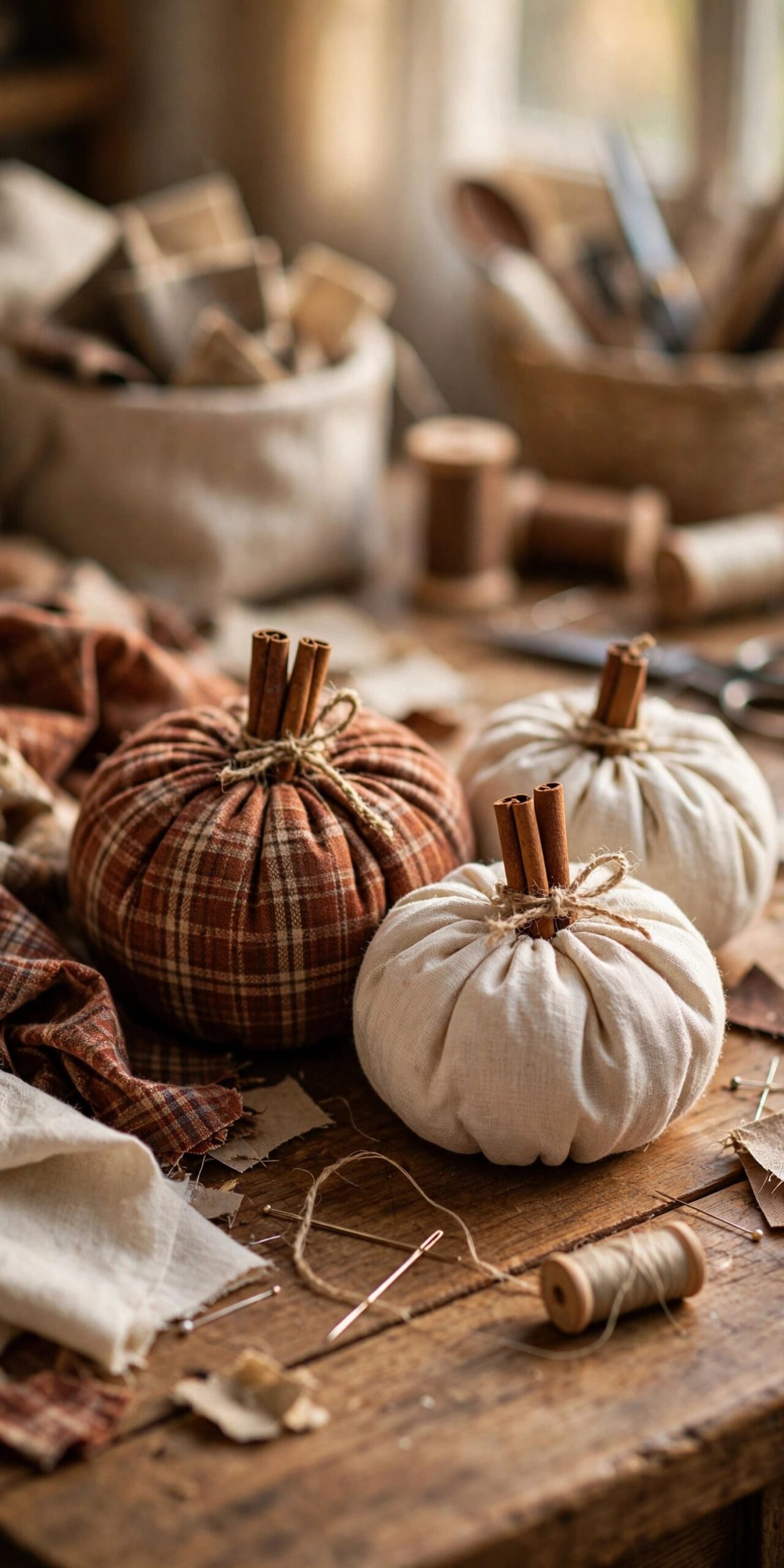 Handmade gathered fabric pumpkins with cinnamon stick stems