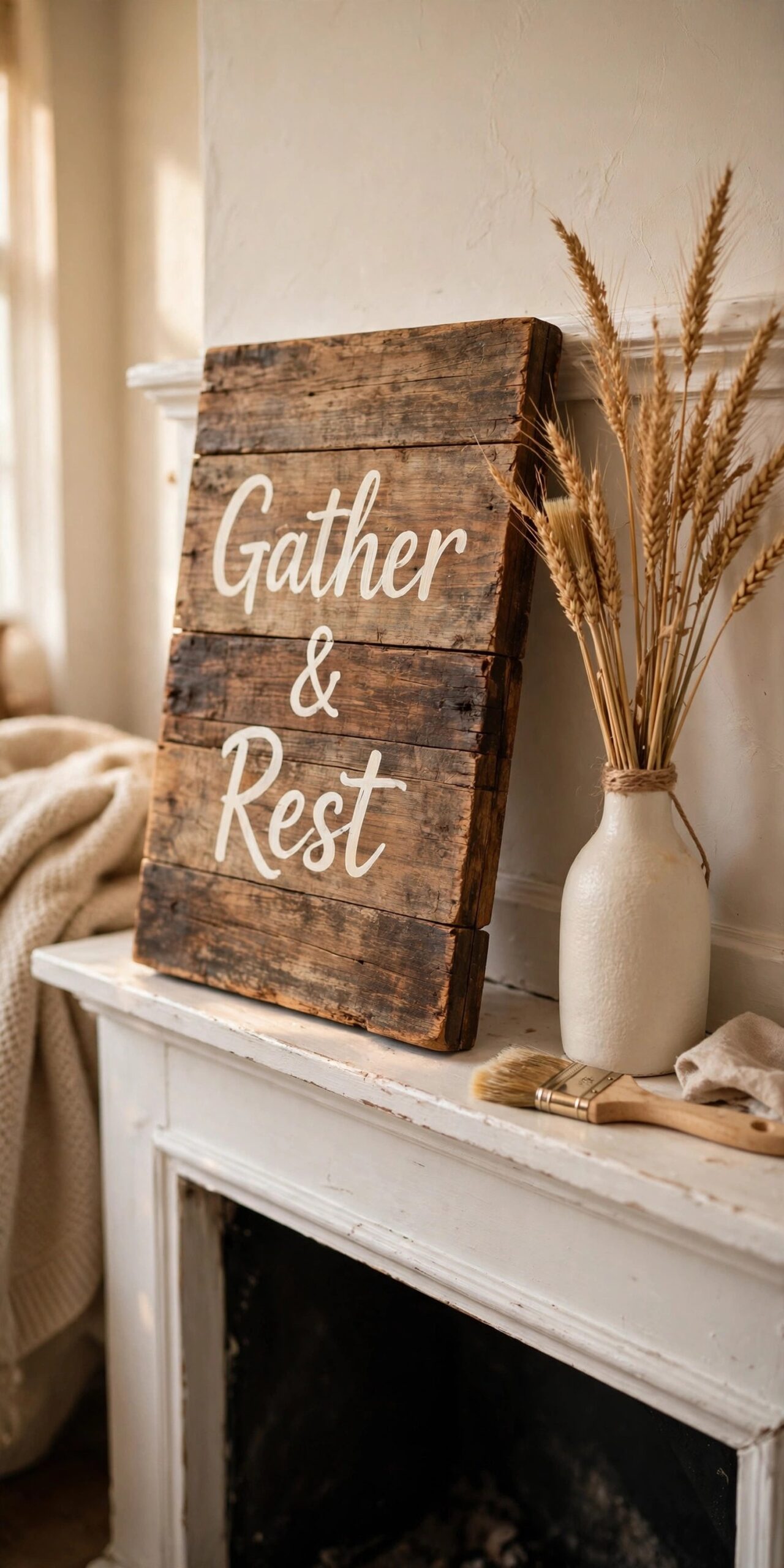 Hand-lettered fall wood sign on a fireplace mantel