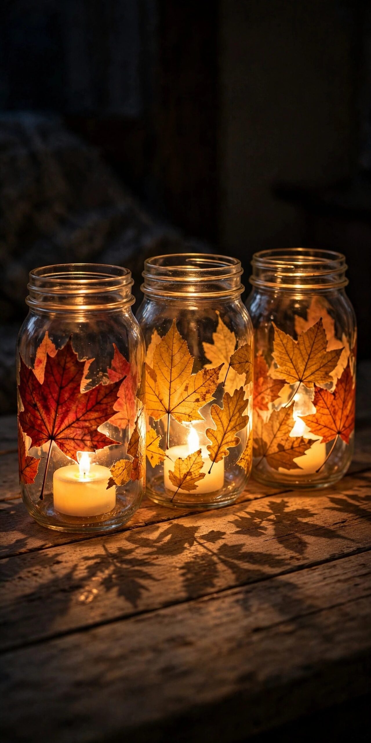 Mason jar luminaries with pressed fall leaves glowing
