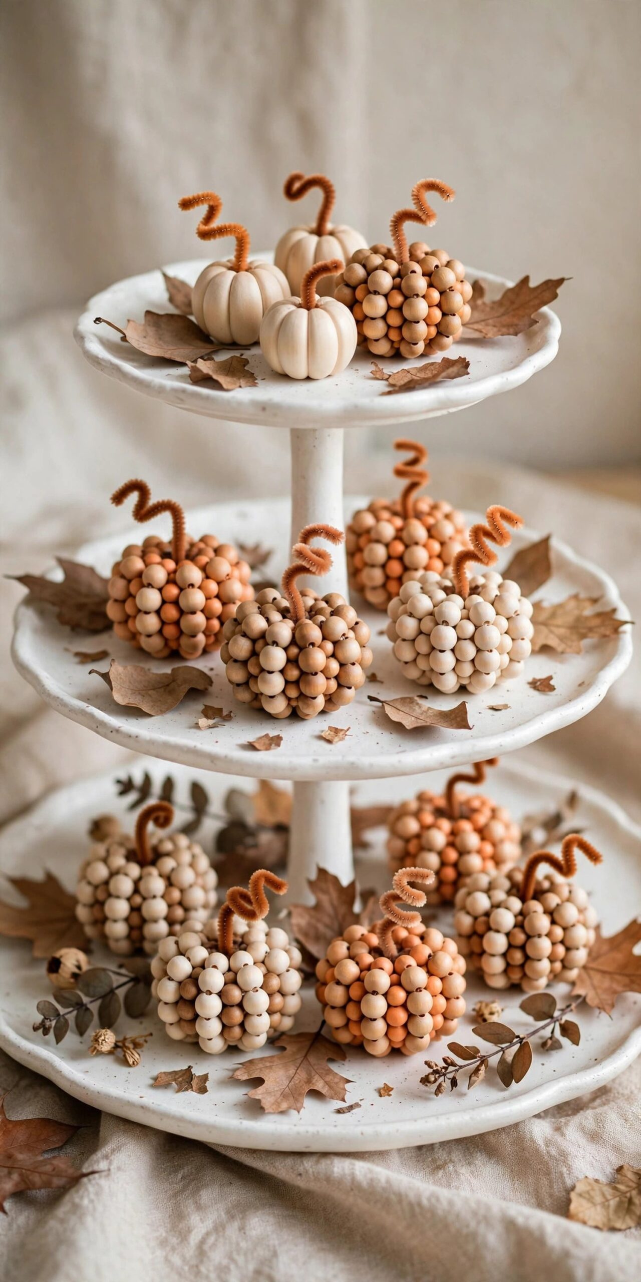 Wood bead mini pumpkins on a tiered tray