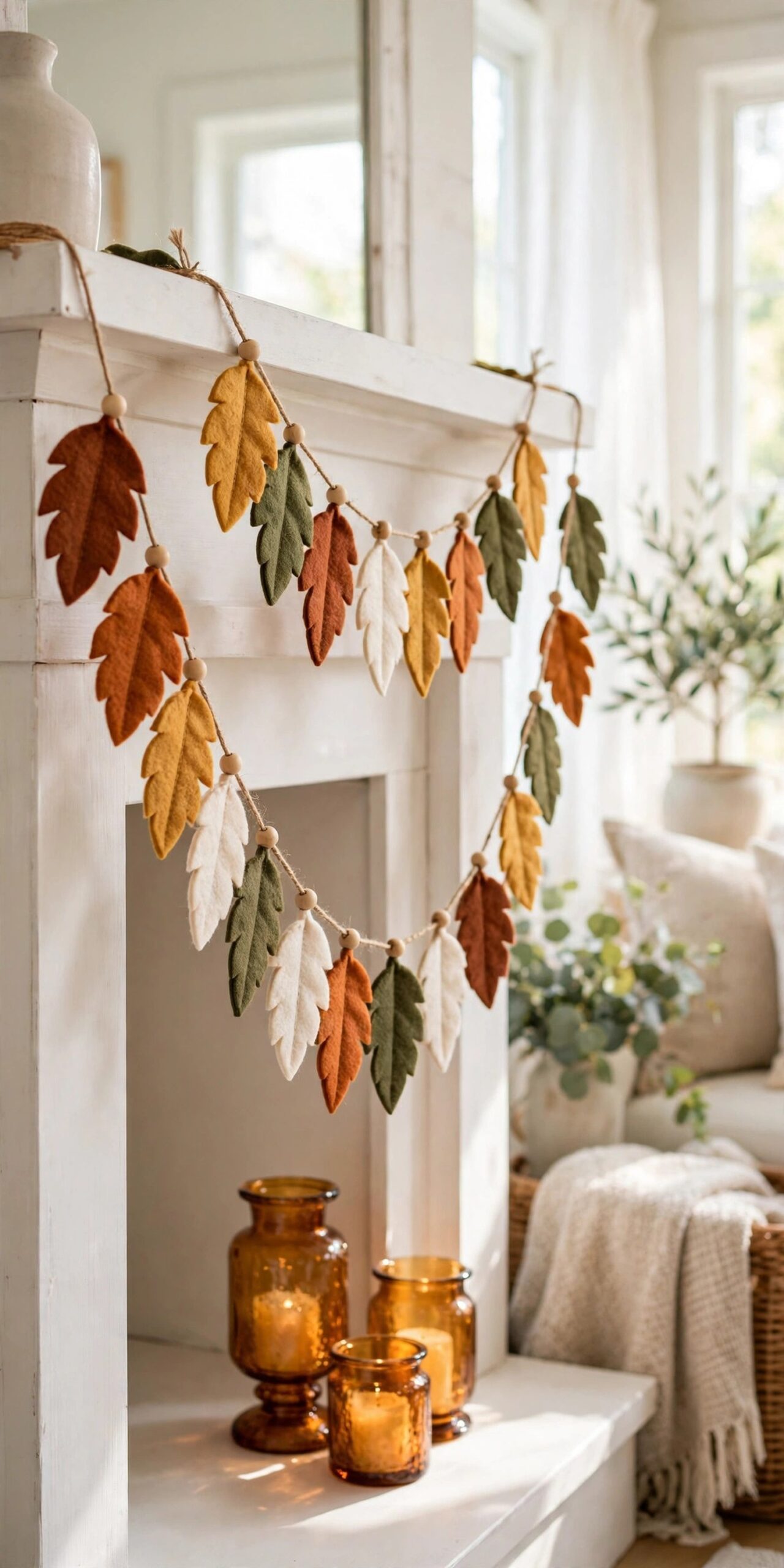 Felt leaf garland in fall colors on a mantel