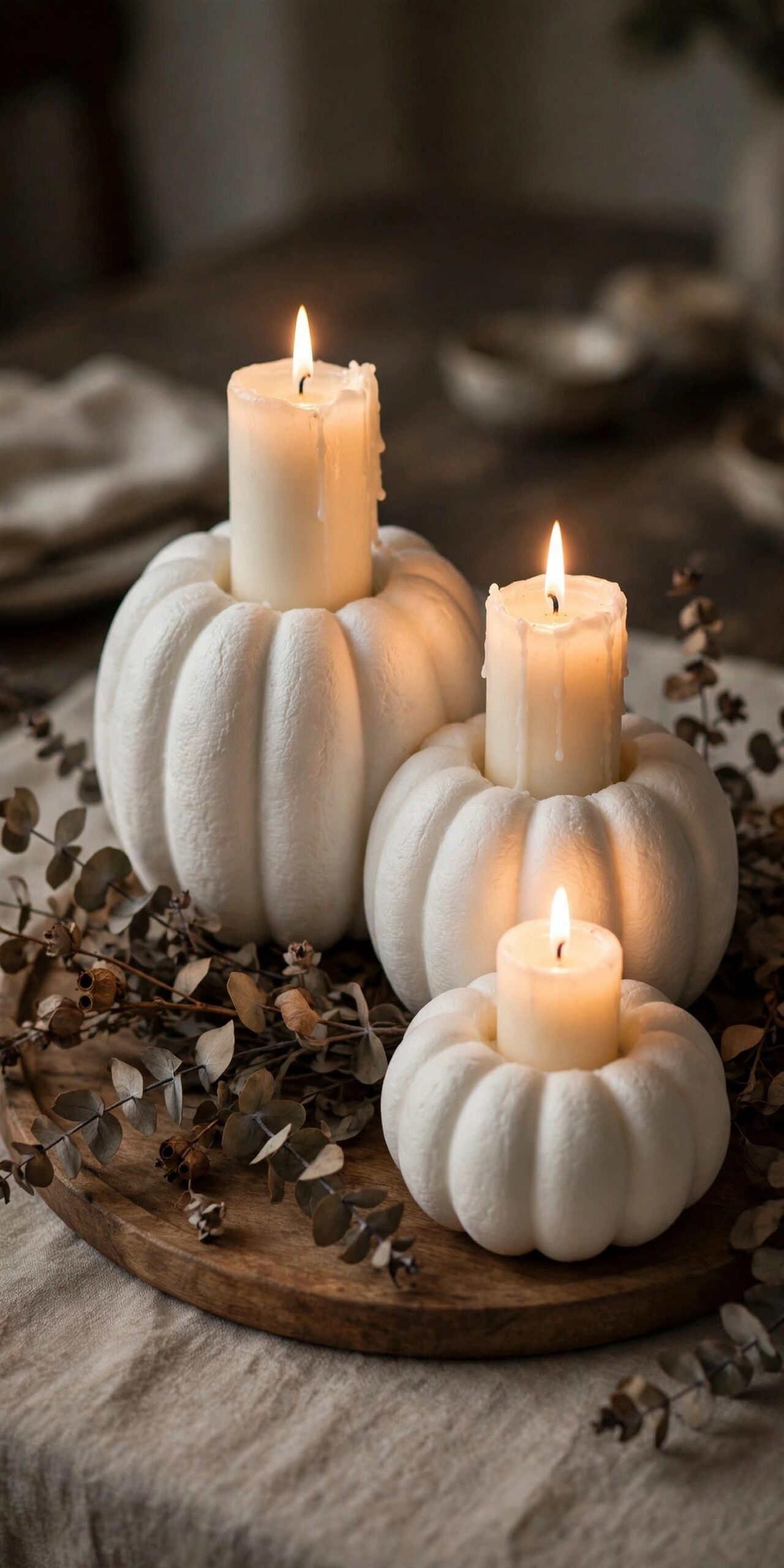 Foam pumpkin pillar candle holders on a wooden tray