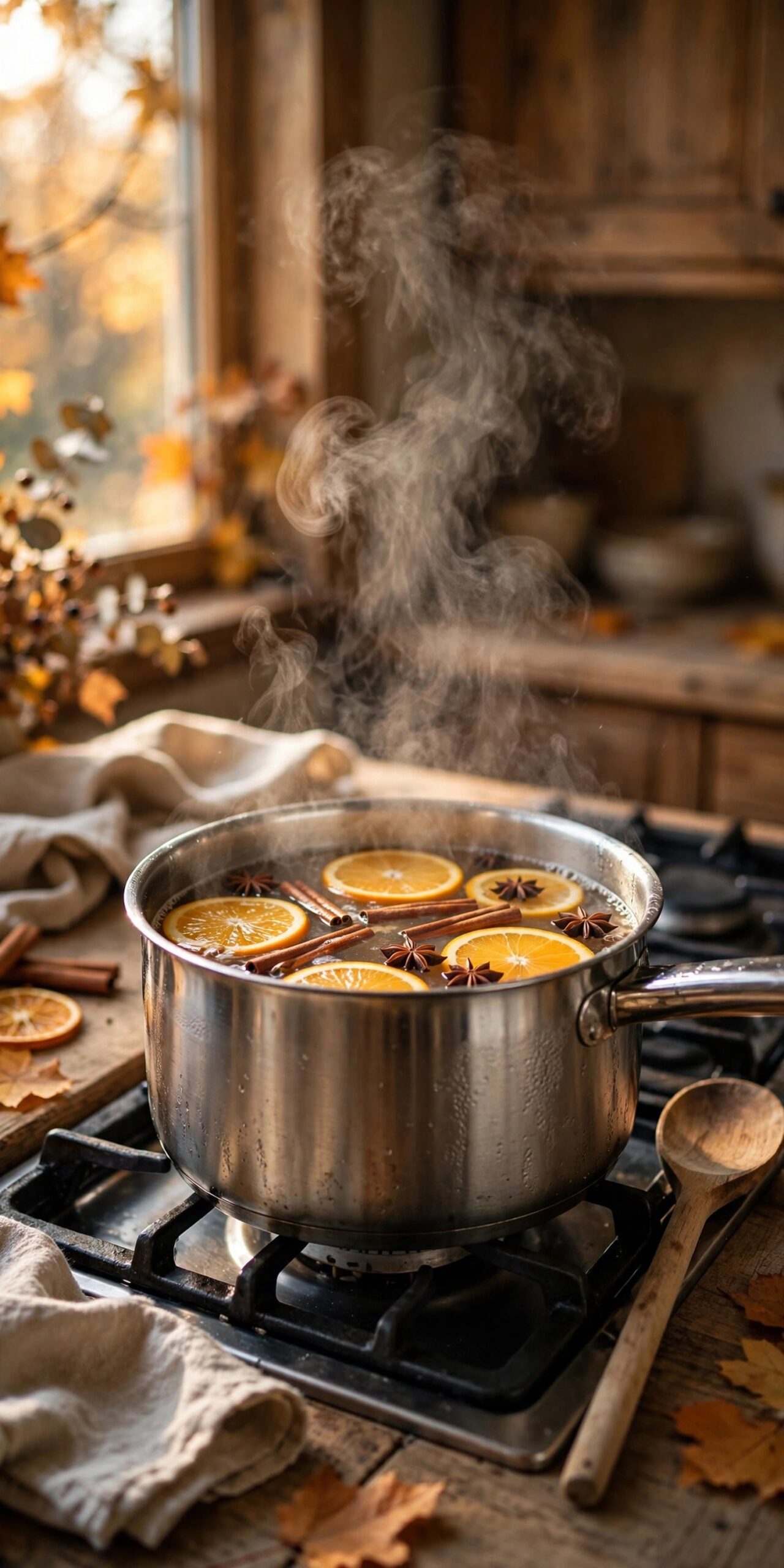 Fall simmer pot with orange slices and cinnamon on a stove