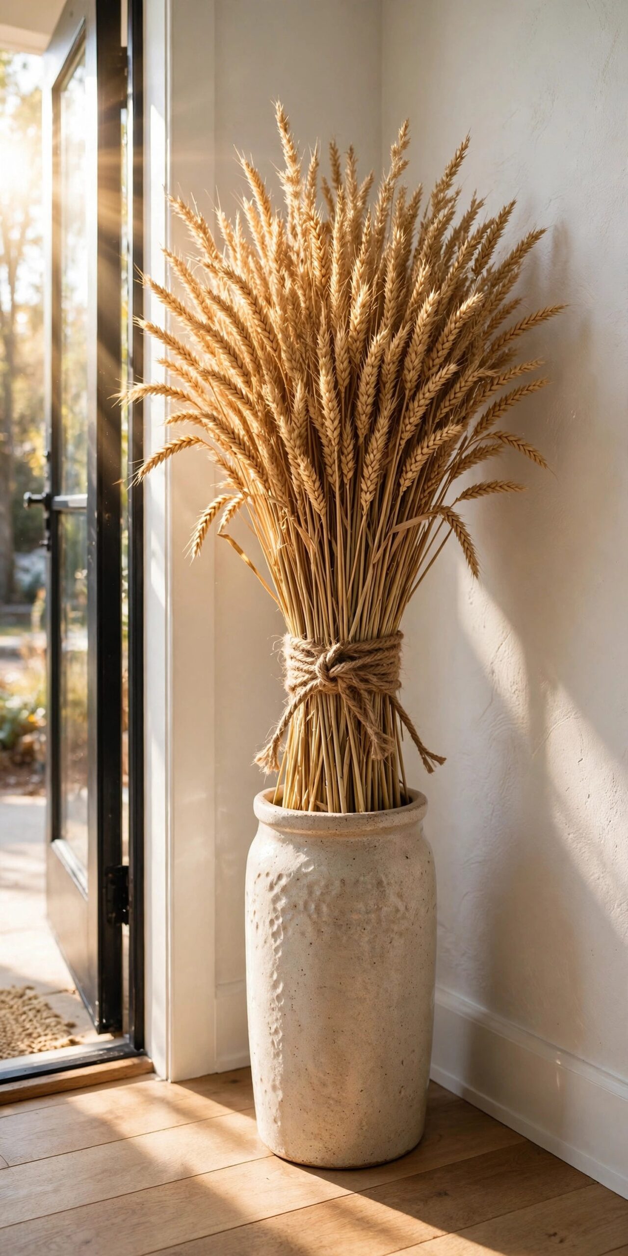 Dried wheat sheaf bundle tied with jute twine in a vase