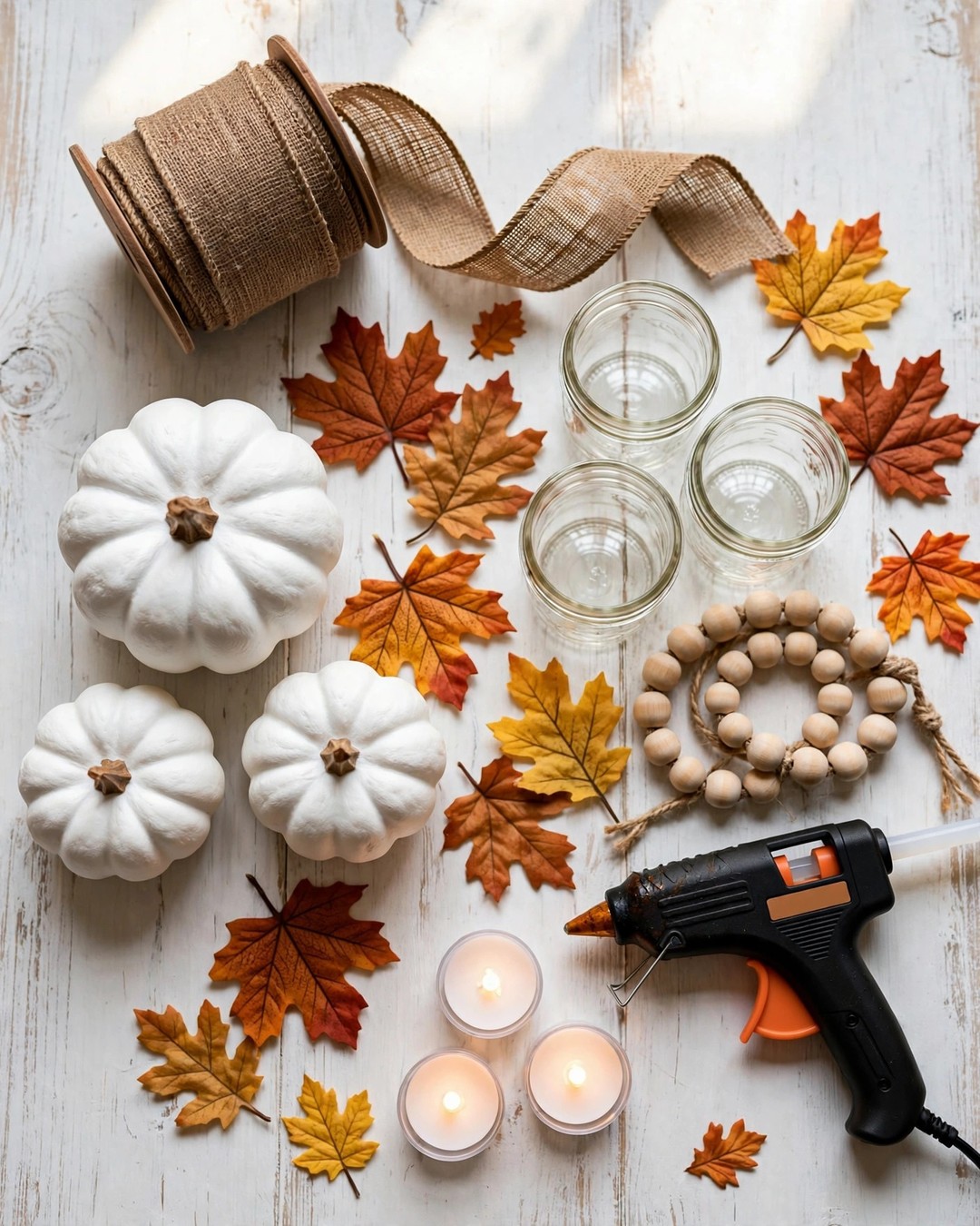 Flat lay of Dollar Tree fall craft supplies: white foam pumpkins, burlap ribbon, faux autumn leaves, mason jars, wood beads, tea lights, and a hot glue gun